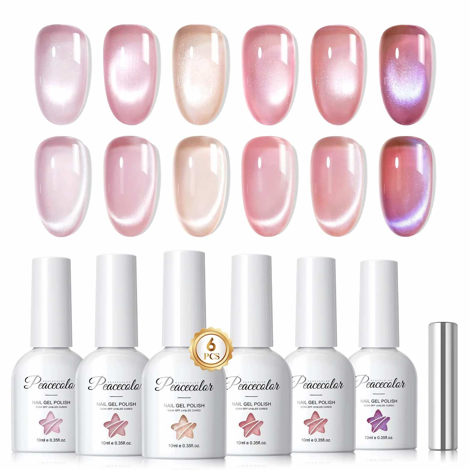PEACECOLOR Lakier do paznokci UV Cat Eye, 6 szt. 10 ml Różowy lakier żelowy z magnesem Soak Off Cat Eye Gel, Nail Art Manicure Salon DIY