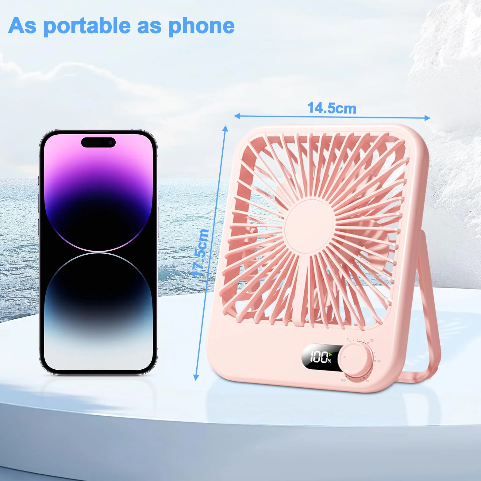 Collazoey Wentylator stołowy, cichy, do ładowania, 3000 mAh, USB, konwersja częstotliwości, regulacja 180°, do biura, biblioteki, sypialni, na kemping, różowy