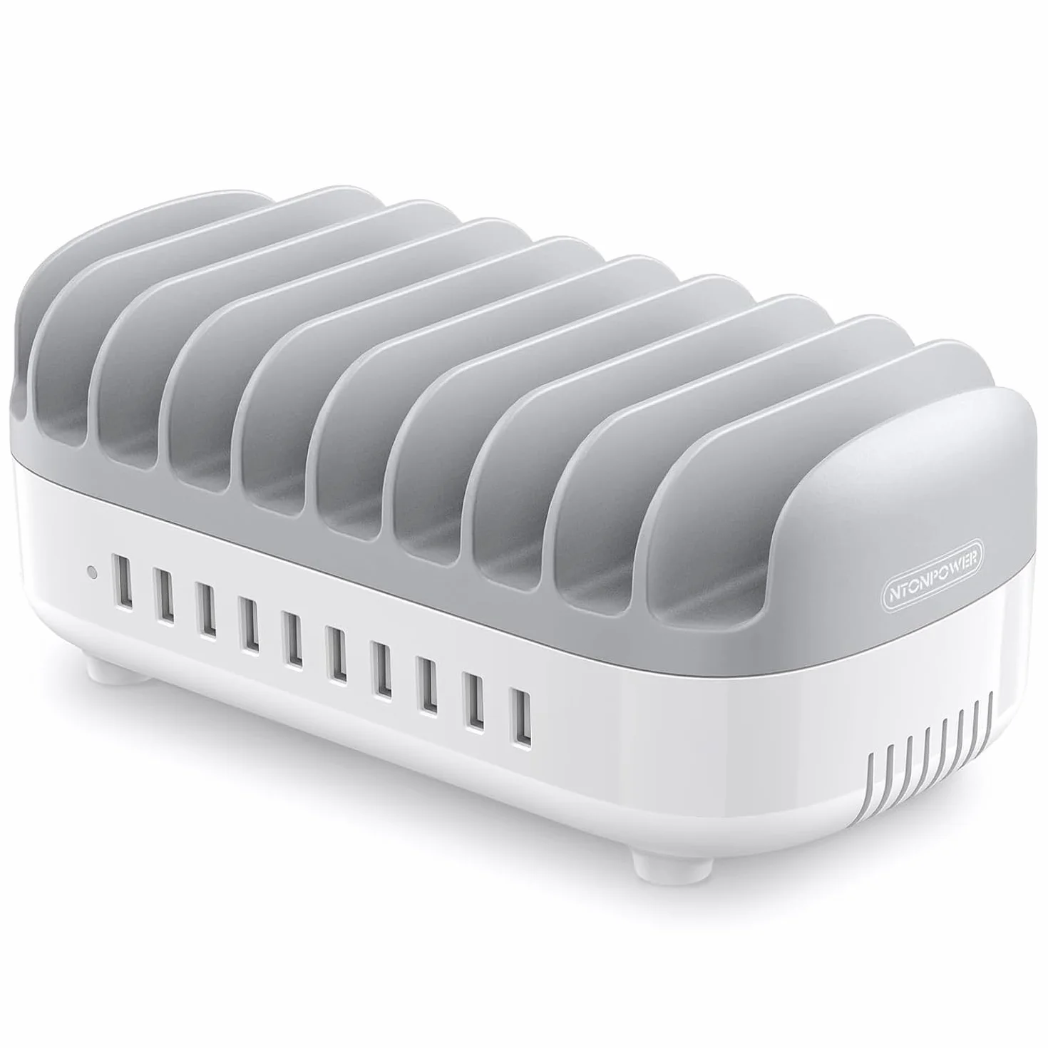 NTONPOWER 10-portowa stacja ładująca do tabletów, 120 W, Multi USB stacja ładująca z automatycznym cichym radiatorem, do telefonów komórkowych, smartfonów, tabletów, szara