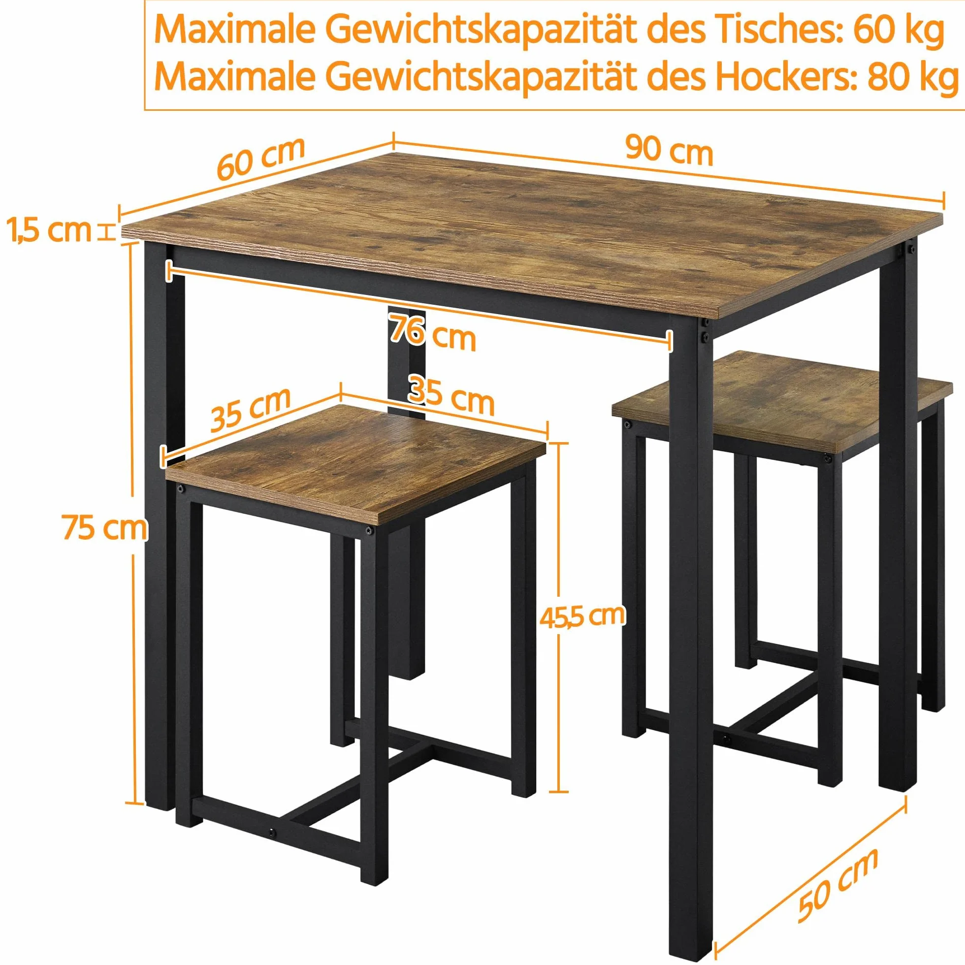 Yaheetech Zestaw Stołów Barowych z 2 Stołkami 90 x 60 x 75 cm Drewniany Brązowo-Czarny