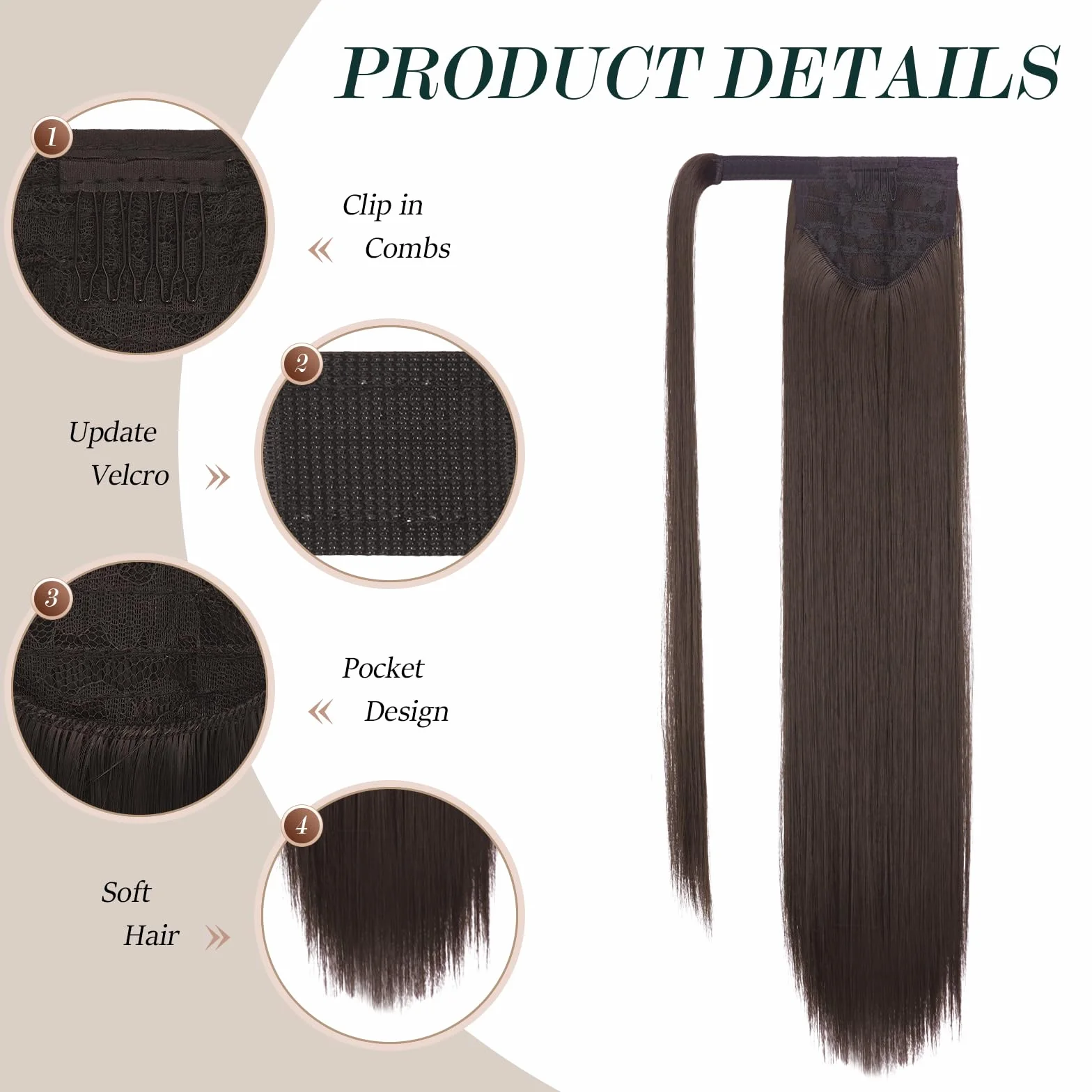 FESHFEN Proste Przedłużanie Kucyka - Clip in Długie Koński Ogon Włosy Przedłużania dla Kobiet Syntetyczne Końskiego Ogona z Klipsem Ponytail Extension, 60 cm Ciemny Brąz