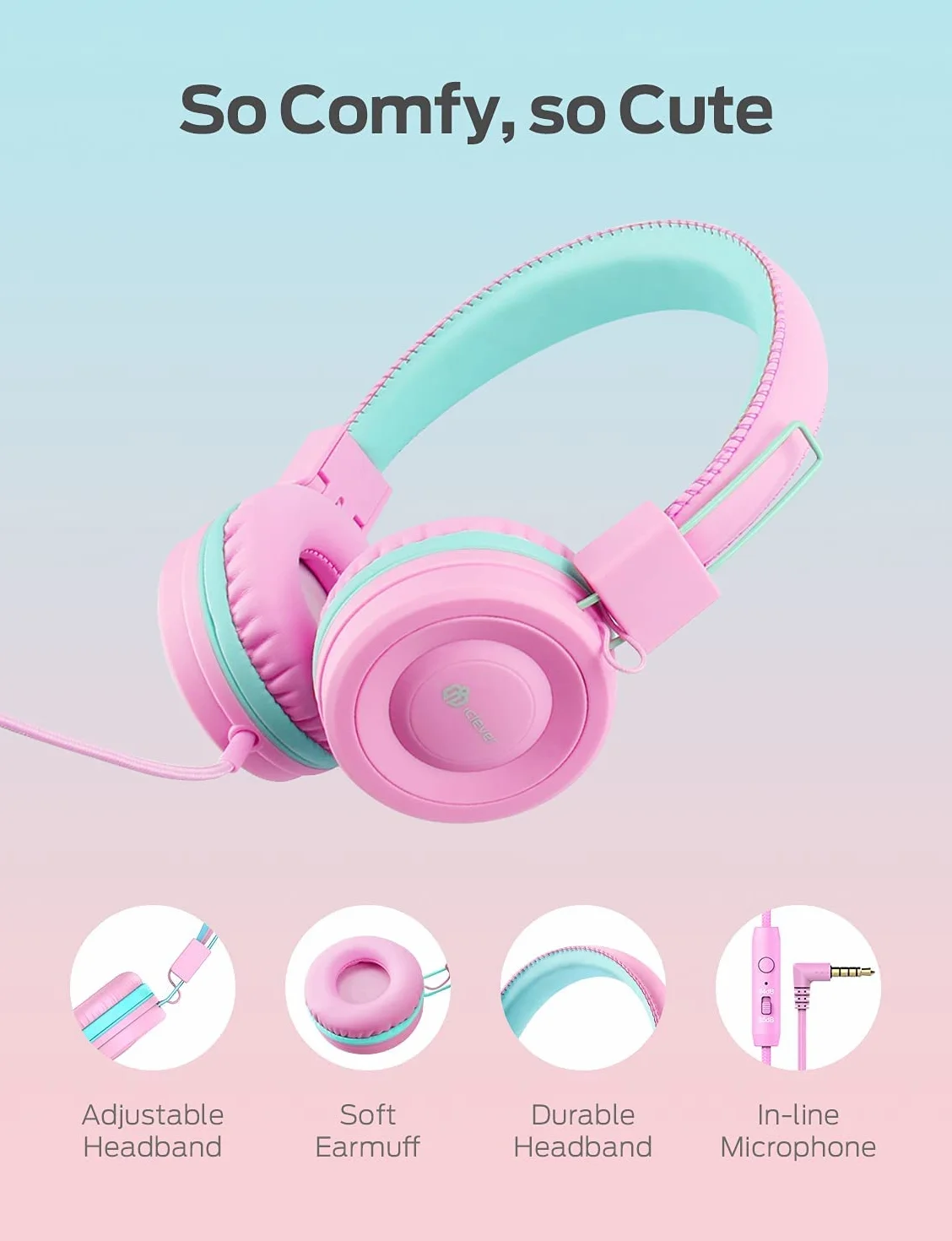 iClever Słuchawki audio, przewodowe słuchawki dla dzieci, regulowana opaska na głowę, dźwięk stereo, składane przewody rozplątane, gniazdo pomocnicze 3,5 mm, 85/94 DB ograniczona głośność (różowy)