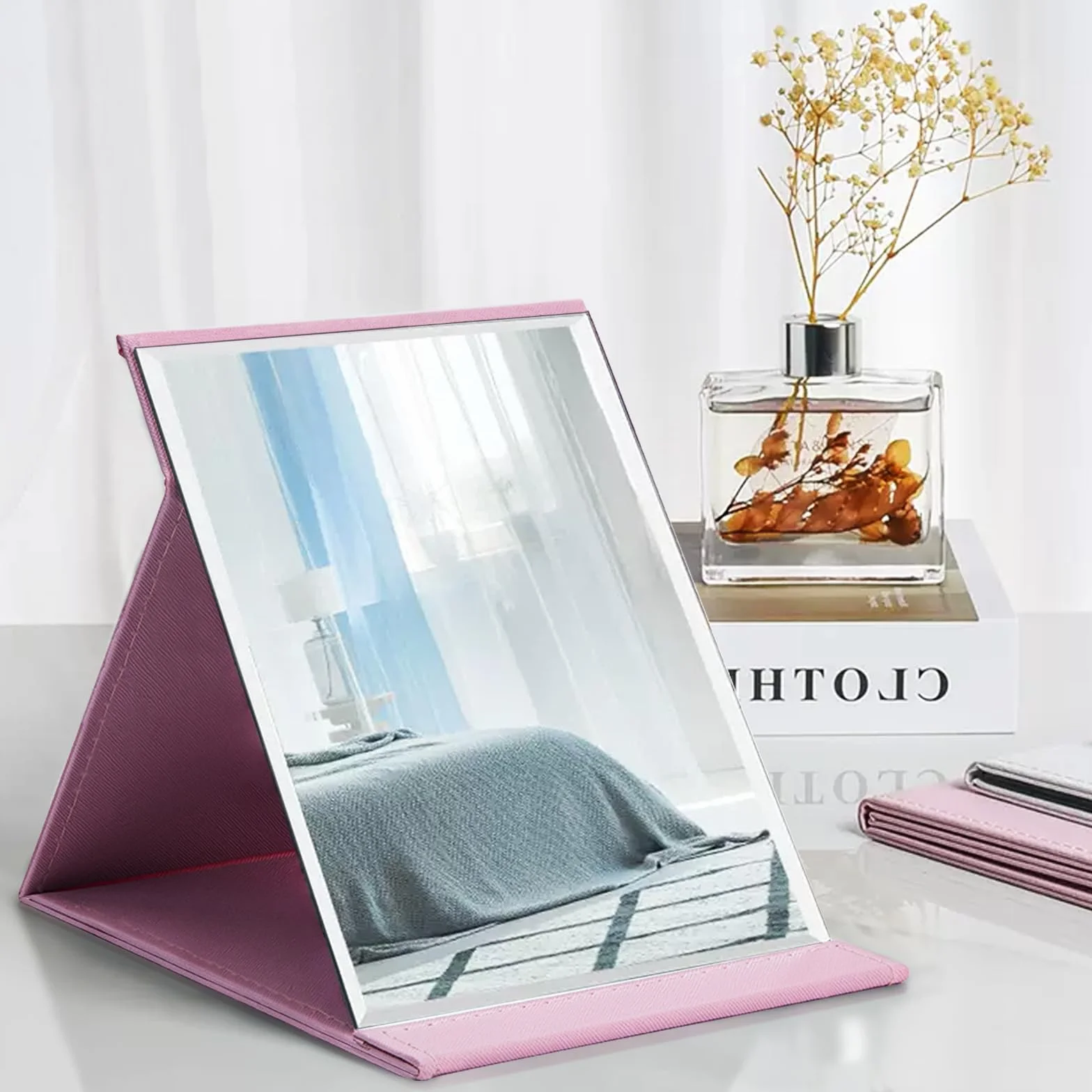 WISYOK Przenośne Składane Lustro, Makijażu Lusterko Kompaktowym, Lusterko Stołowe z Wieloma Podstawkami, Wolnostojące lusterko kosmetyczne na Biurko, Toaletkę, Podróż, Kemping-21x15cm (Różowy)