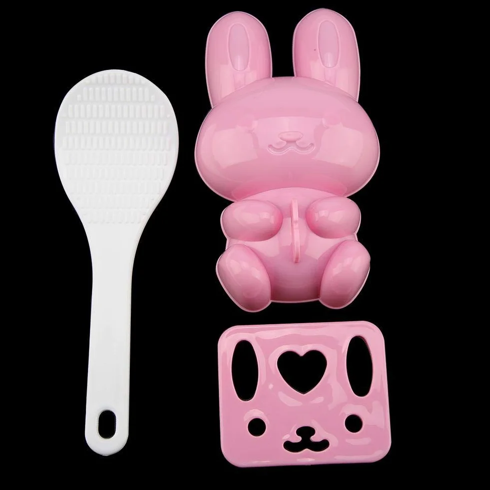 Lebensmittelqualität PP Cartoon Kaninchen Modell 3 Stücke Sushi Reisform DIY Handwerk Onigiri Werkzeug Pink