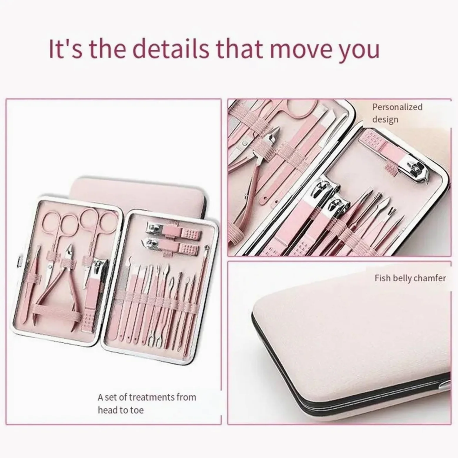 Zestaw do manicure, nożyczki do uszu, nożyczki do paznokci, różowe złoto, 18 sztuk, diagonalne, złuszczające, ze stali nierdzewnej