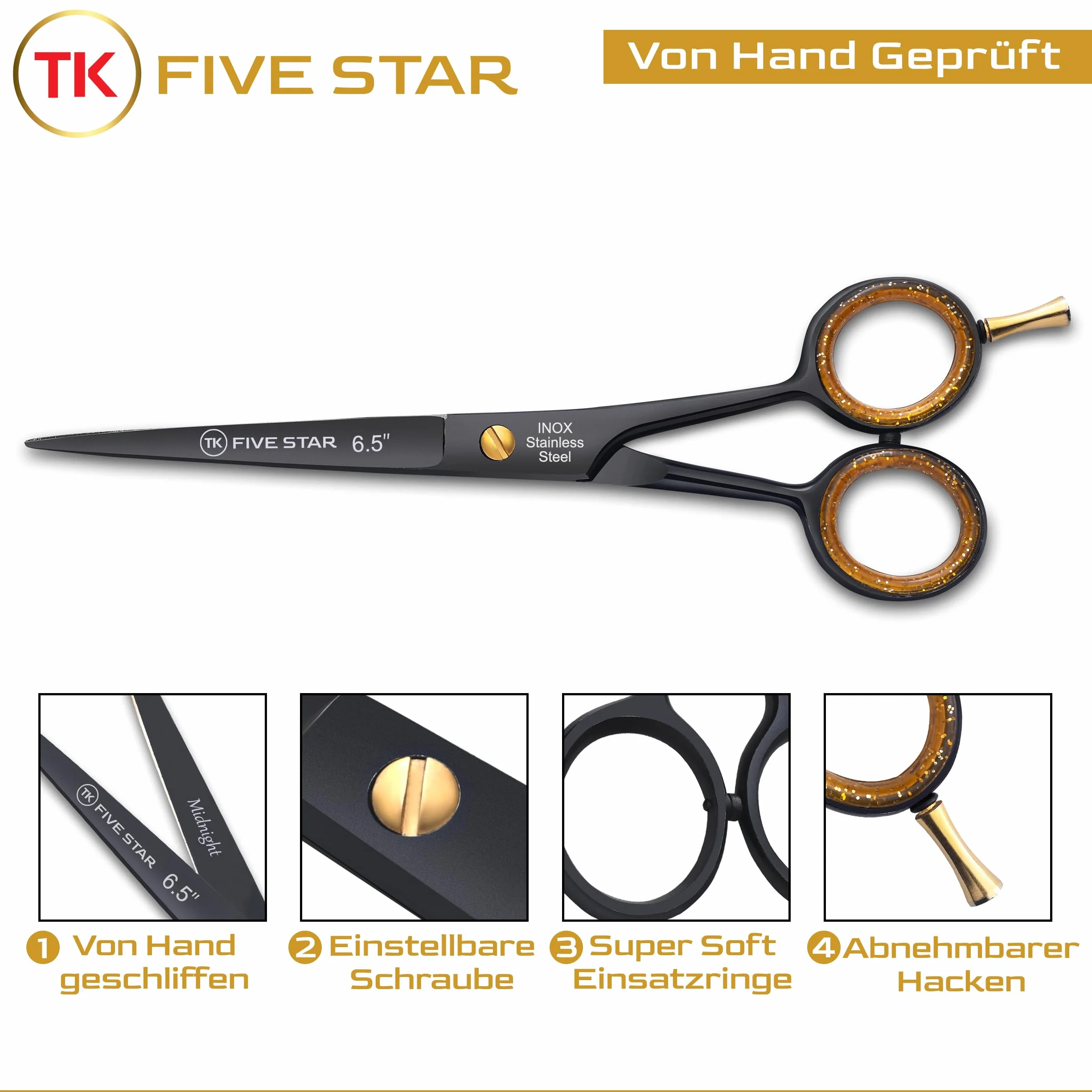 TK FIVE STAR Midnight Premium 6,5" bardzo ostre nożyczki fryzjerskie, nożyczki do strzyżenia włosów dla kobiet, mężczyzn, fryzjerów i dzieci, do delikatnych i mocnych włosów, mikroząbkowane