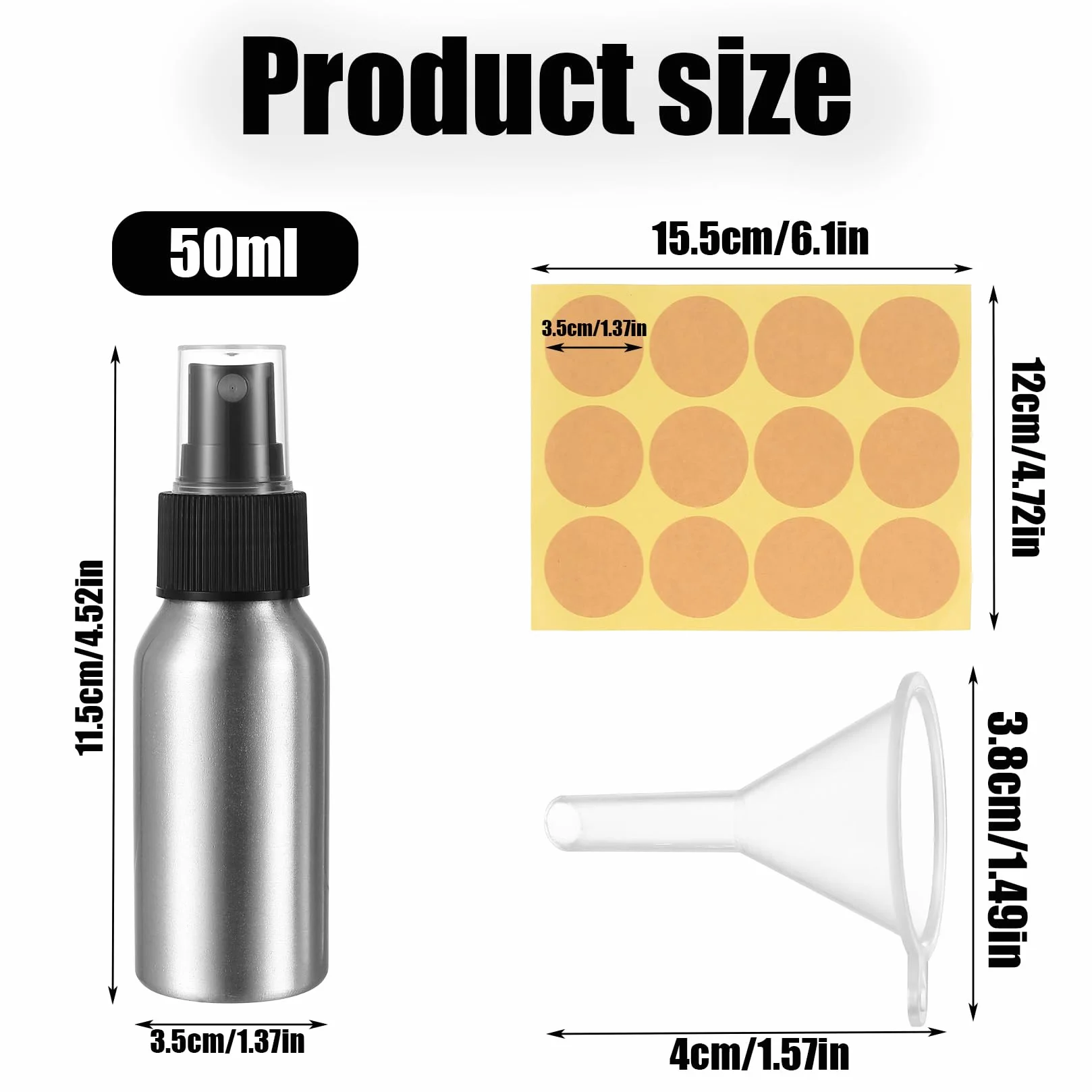 5 Sztuk Małych Butelek z Rozpylaczem 50ml, Aluminiowy Atomizer, Puste Butelki z Rozpylaczem do Napełniania, Butelka z Pompką do Kosmetyków Płynów Olejków Eterycznych, z 2 Lejkami, 1 Naklejką