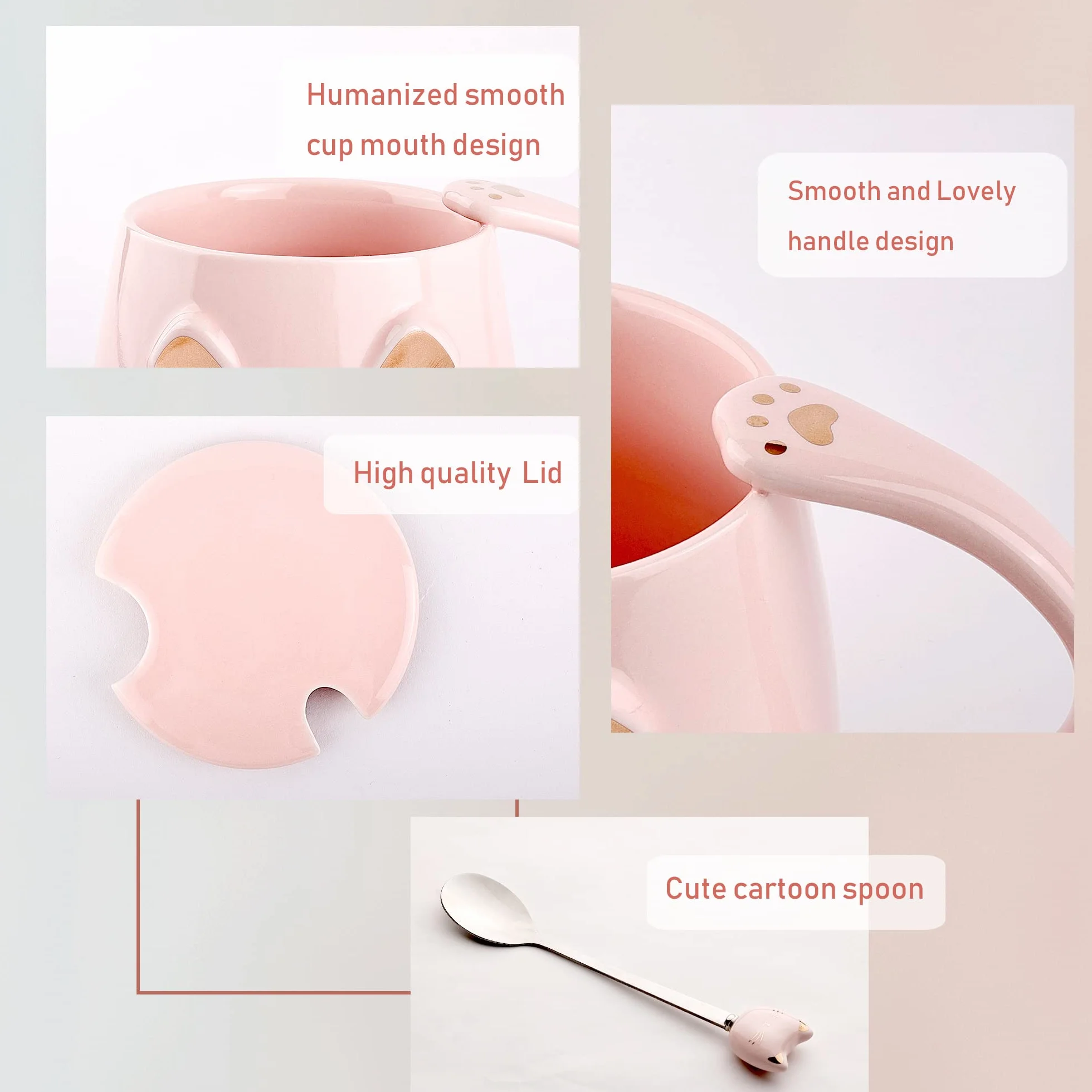 Zestaw 3 uroczych ceramicznych kubków z kotami z pokrywką, łyżką i podstawką - 380ml/13oz kubek do kawy dla kobiet, dzieci, miłośników kotów - prezent na Boże Narodzenie i urodziny (czarny, biały