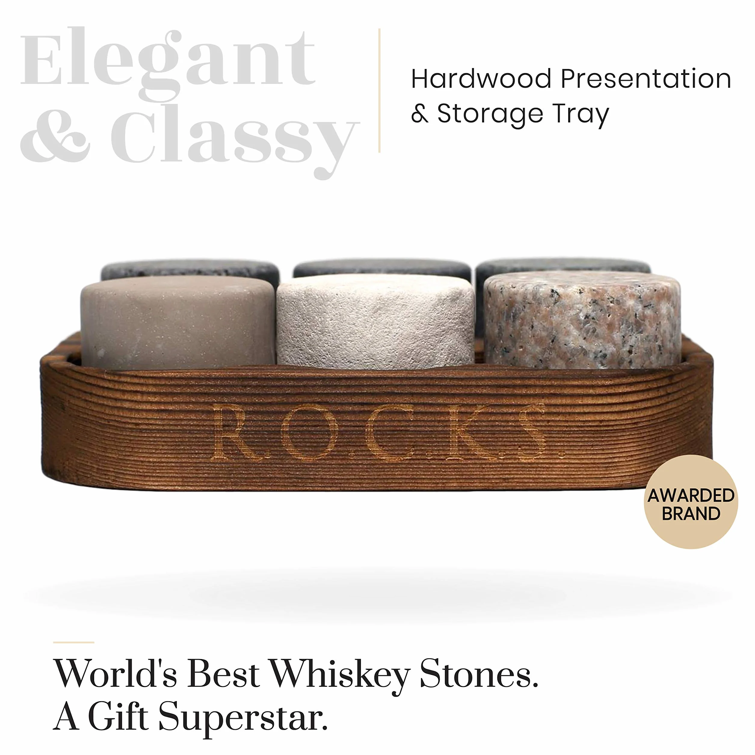 Kamienie do whisky zestaw 6 okrągłych naturalny granit stojak drewno R.O.C.K.S.