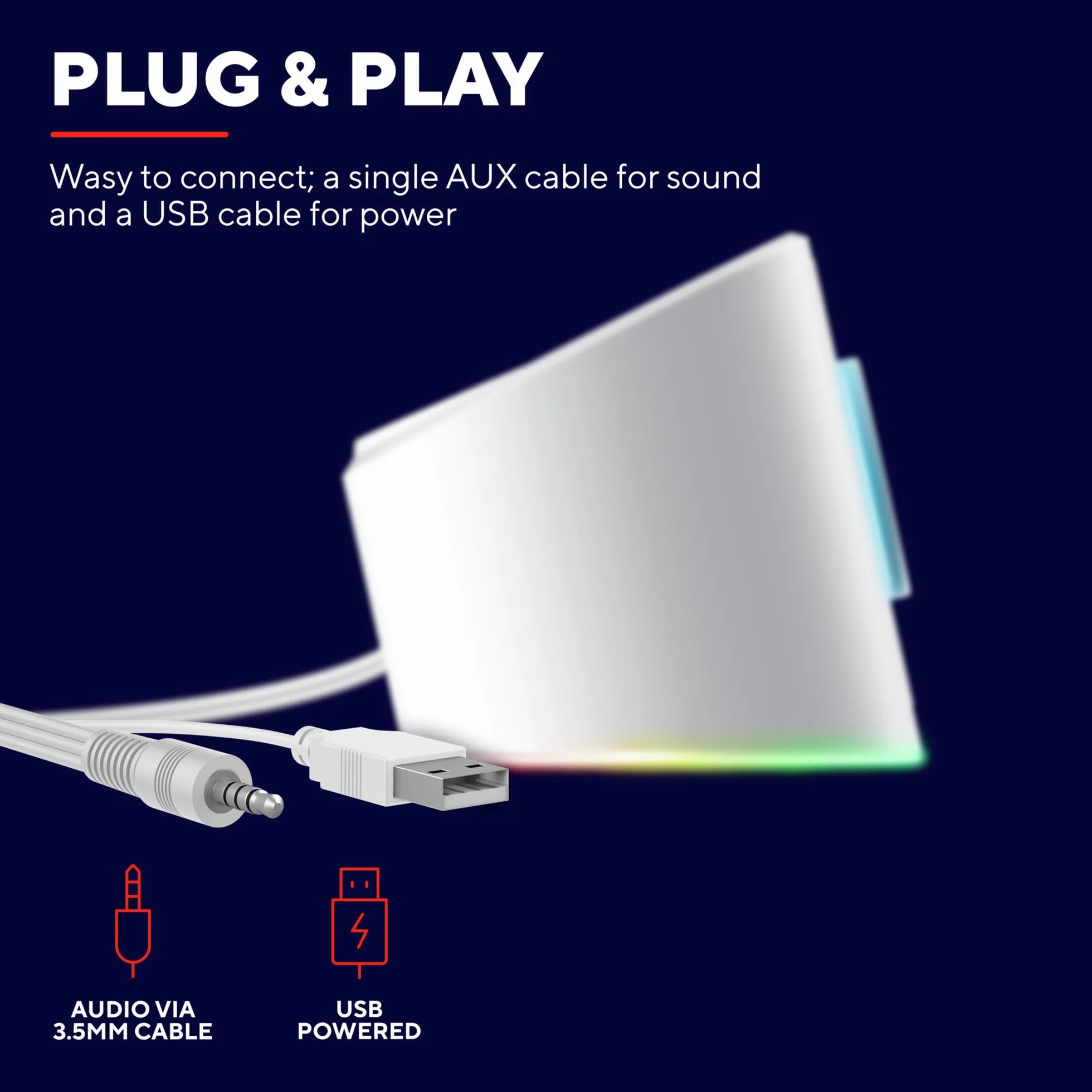 Trust Gaming GXT 619 W Thorne Soundbar z oświetleniem RGB 12 W, stereo głośniki komputerowe, jack 3,5 mm AUX, kompaktowy głośnik USB 2.0 do komputera stacjonarnego, laptopa – biały