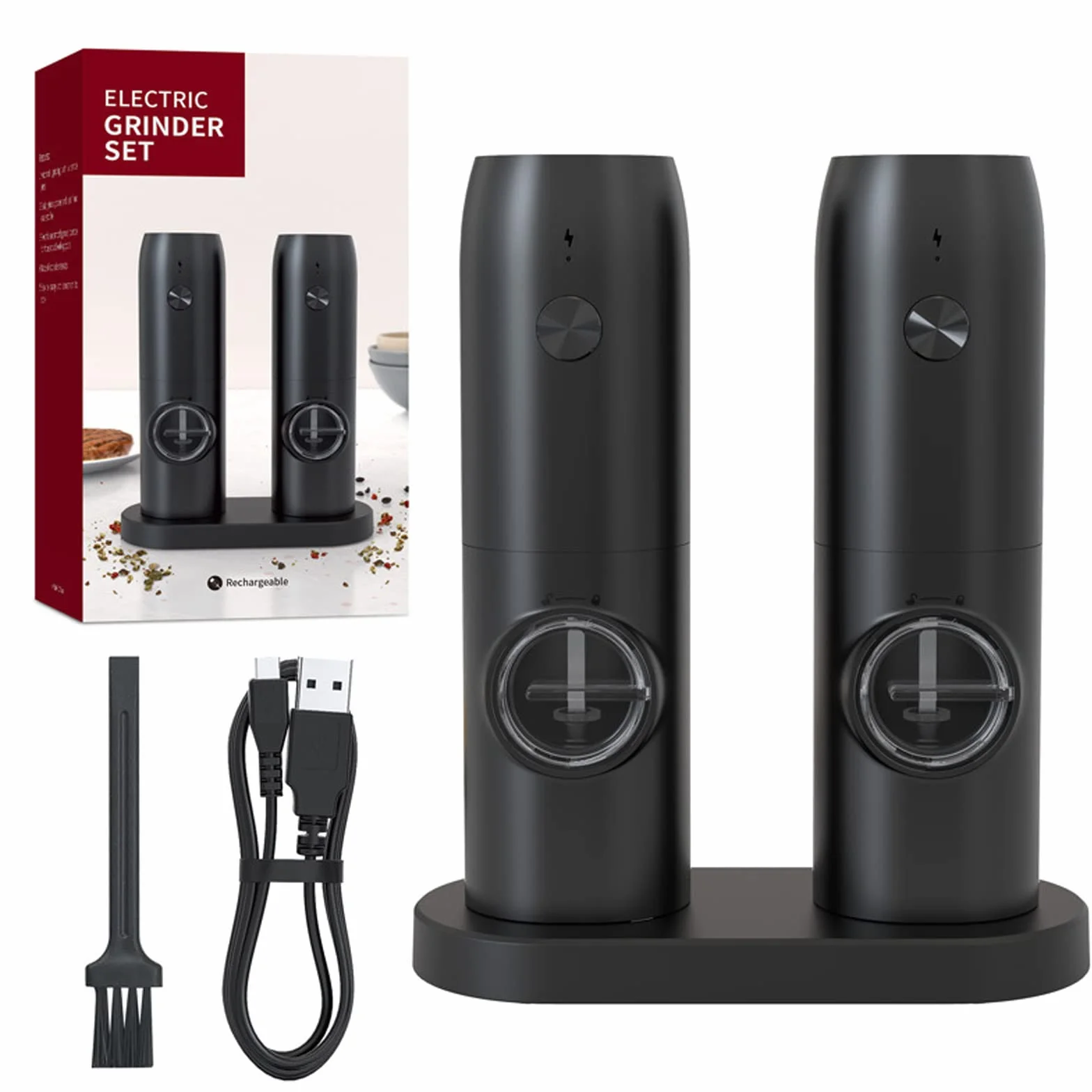 Elektryczny młynek do pieprzu, 2-częściowy, ładowany przez USB, elektryczny młynek do soli i pieprzu, regulowany, automatyczny młynek do przypraw z oświetleniem LED, obsługa jedną ręką