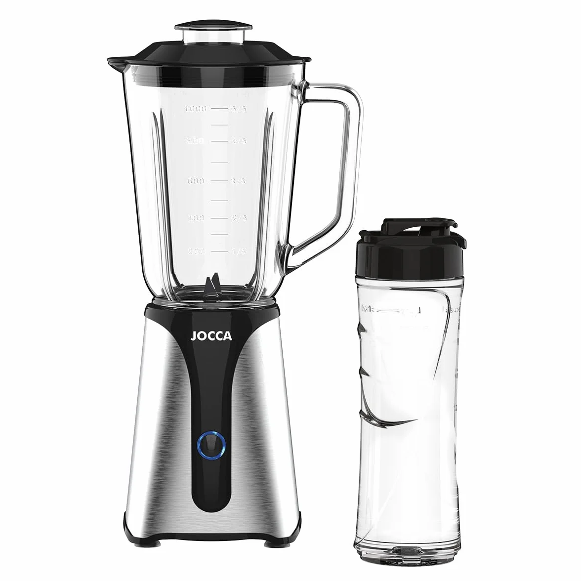 JOCCA - Mikser szklany z butelką podróżną/moc 350 W, blender/dzbanek 1L i butelka 600 Ml/światło LED, zdejmowana pokrywa, ostrza ze stali nierdzewnej (dzbanek + butelka 350 W)