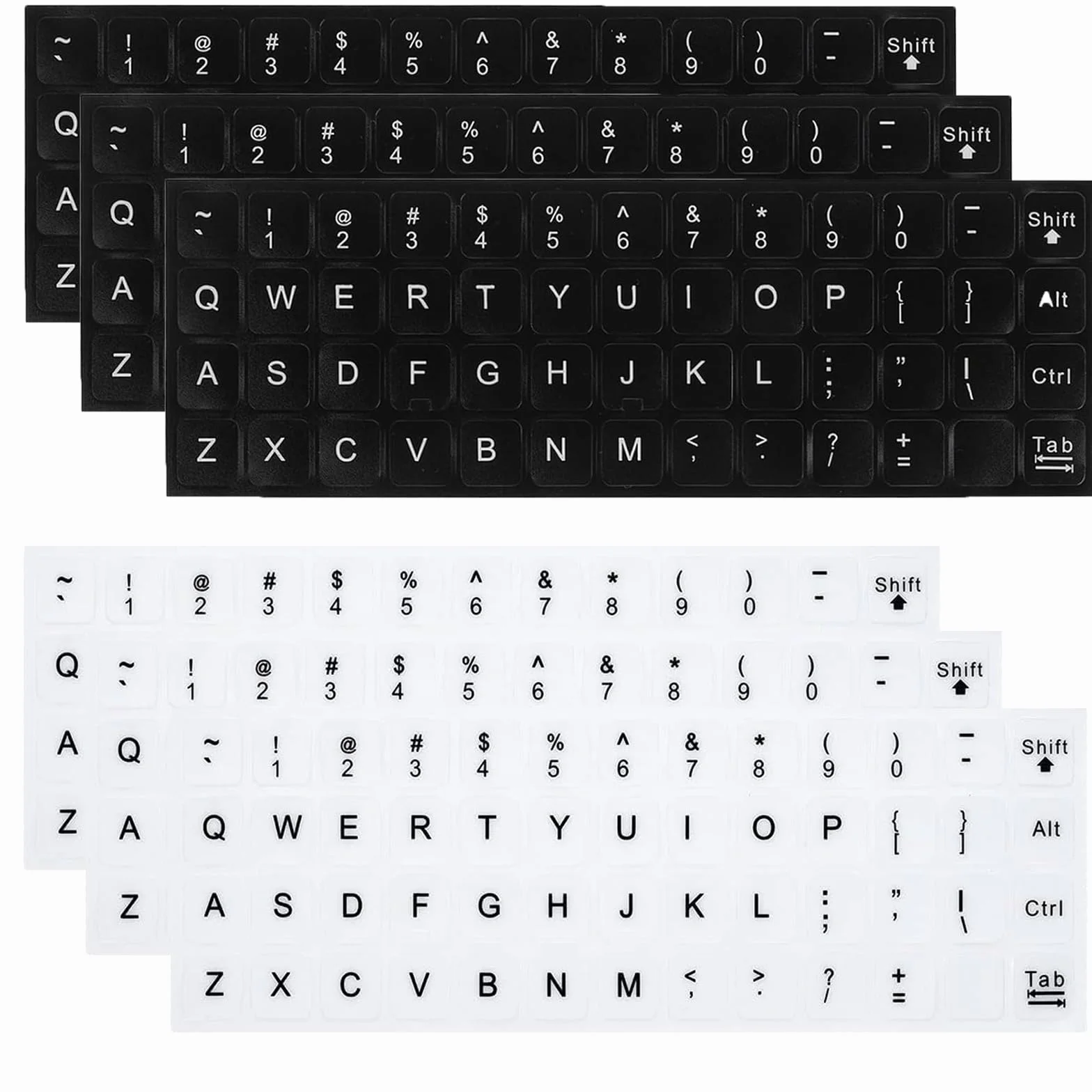 Angielskie naklejki na klawiaturę, 6 sztuk, 3 czarne 3 białe, unikalne powlekane wodą, do standardowych klawiatury komputerów stacjonarnych i laptopów, 10-17 cali, winyl, wodoodporne