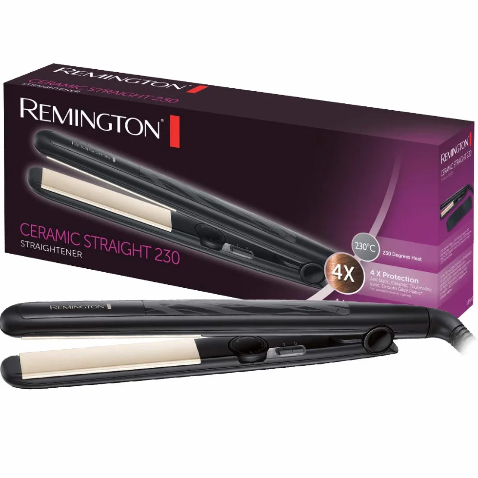 Remington prostownica do włosów z jonizacją, powłoka ceramiczno-turmalinowa, 4x ochrona włosów, zakres temp. 150-230°C, obrotowy przewód 1.8m, etui, moc 40W, czarna, Ceramic Slim S3500