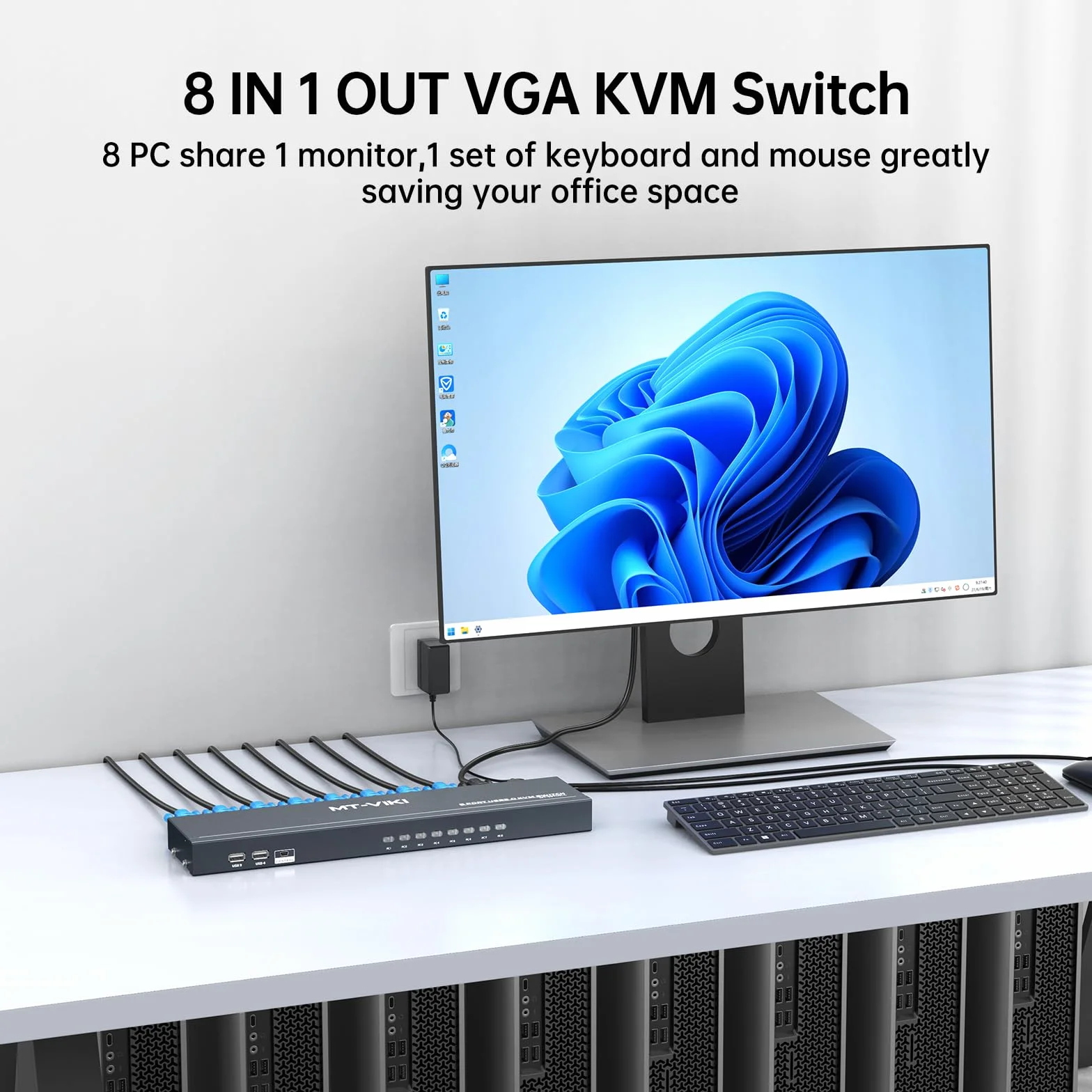 MT-VIKI VGA KVM Switch 8 Port 1U Rackmount KVM Switch 8x1 obsługuje klawiaturę, mysz, głośnik USB, w zestawie kabel 8XKVM, zestaw 2 x stojak