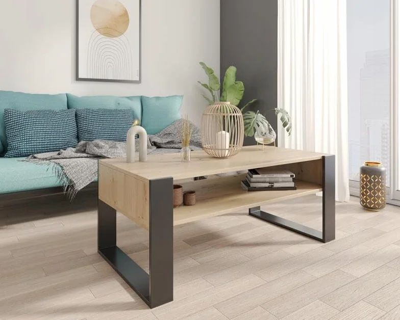 MATKAM Kaja stolik kawowy wys. 50 x szer. 120 x gł. 63,6 cm, otwarty regał pod blatem roboczym, praktyczna elegancja i funkcjonalność, styl retro loft (dąb Artisan - czarny)
