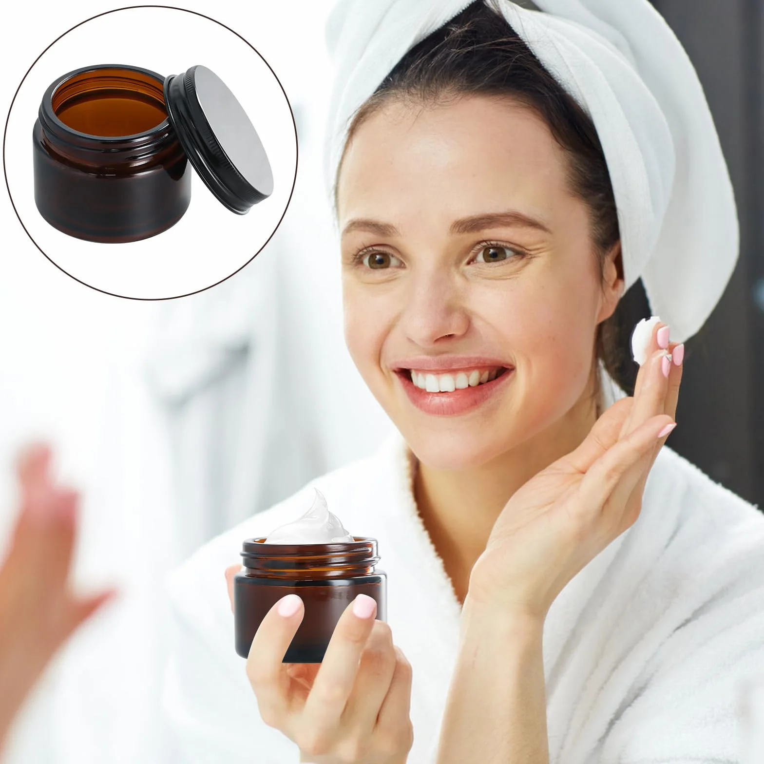 8 szt. Słoiki ze szkła bursztynowego 20 ml 30 ml 50 ml, podróżne, kosmetyczne słoiki z pokrywkami, 2 łyżki i klej, puste pojemniki na krem w proszku, odporny na promieniowanie UV, szczelność (20 ml+