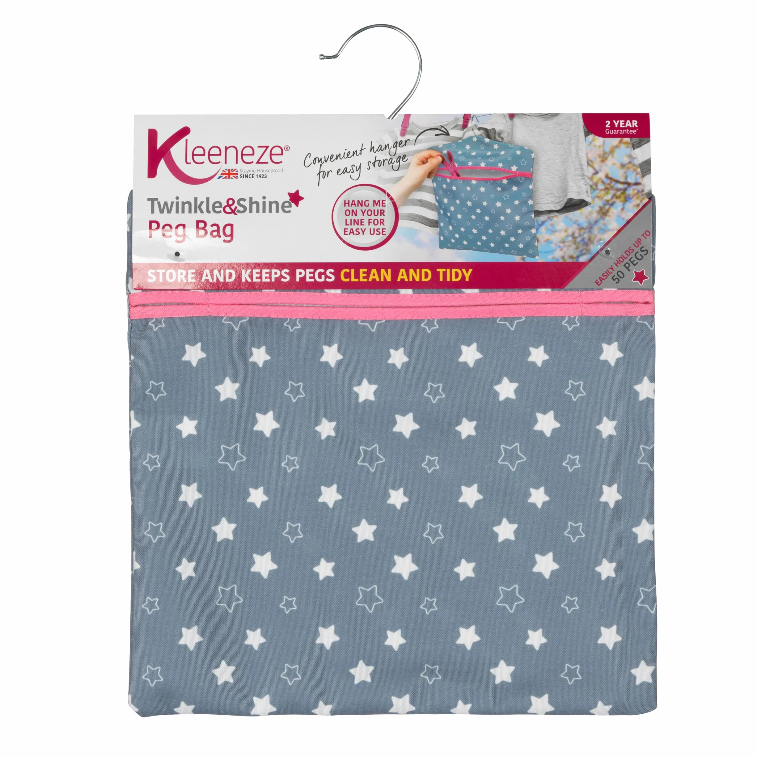 Kleeneze® KL081599EU7 Twinkle & Shine Hang On The Line Peg Bag | Easy Hanging Hook | Holds Up To 50 Pegs | 33 x 30cm | Blue/Pink/White