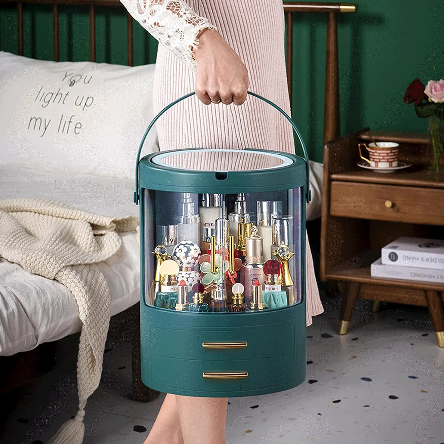 Obrotowy organizer na kosmetyki z obracającymi się o 360 stopni diodami LED Vanity Full Mirror Przenośny stojak na kosmetyki (Color : Ivory White)