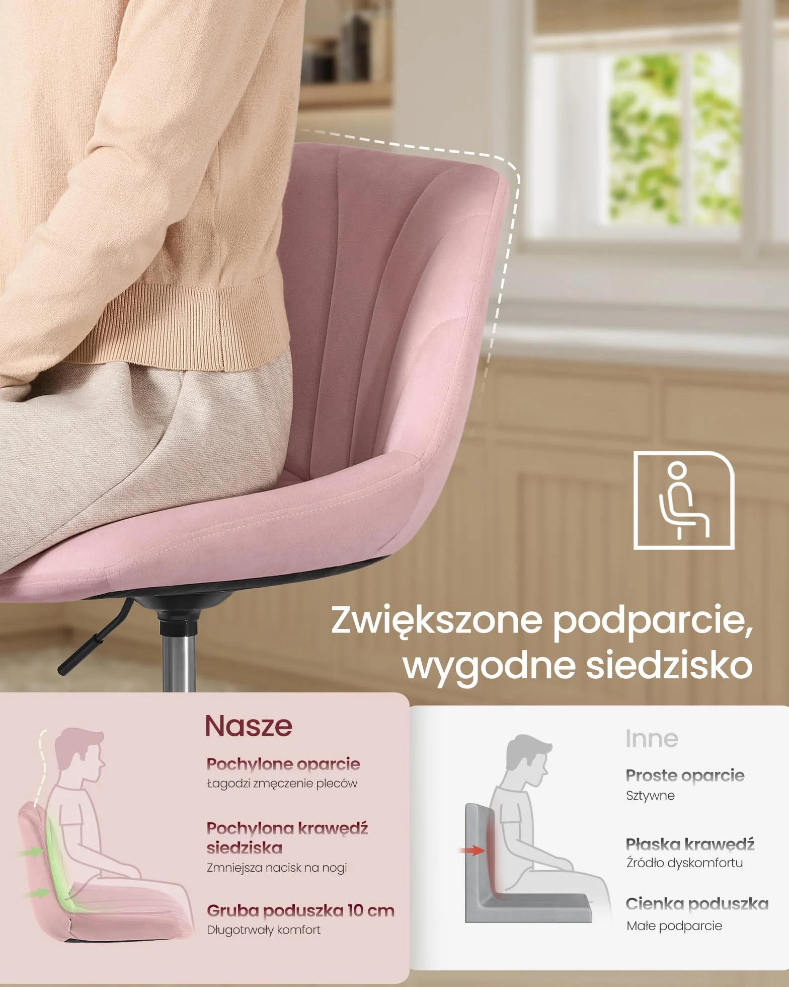 VASAGLE LJB160SA02 Toaletka, stołek barowy z regulacją wysokości, obrotowy 360°, aksamitny, żelowo-różowy