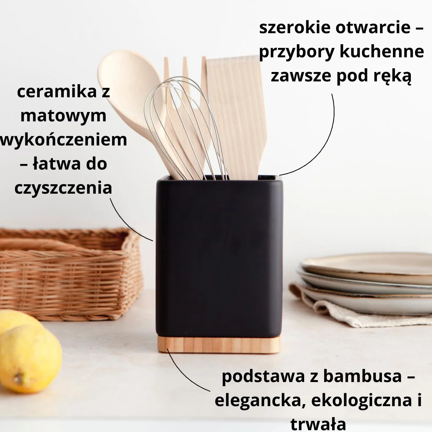 Ceramiczne uchwyty na przybory kuchenne z bambusową podstawą matowy czarny 10,5x10,5x15 cm
