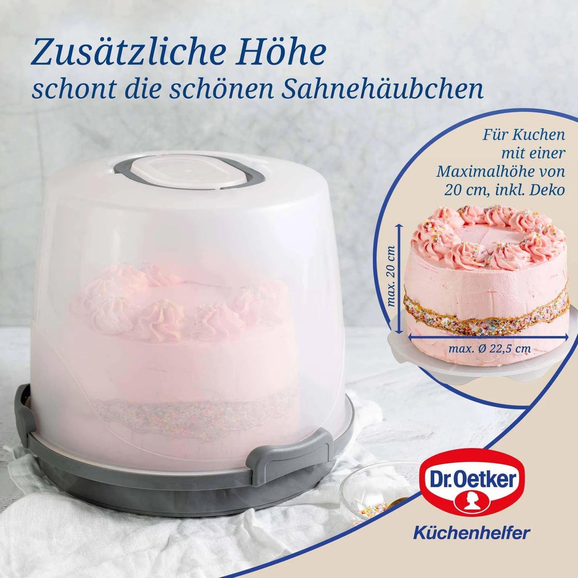 Dr. Oetker Pudełko transportowe na ciasto, bardzo wysokie – okrągłe pudełko transportowe z półką – miejsce na ciasta i torty o wysokości 20 cm