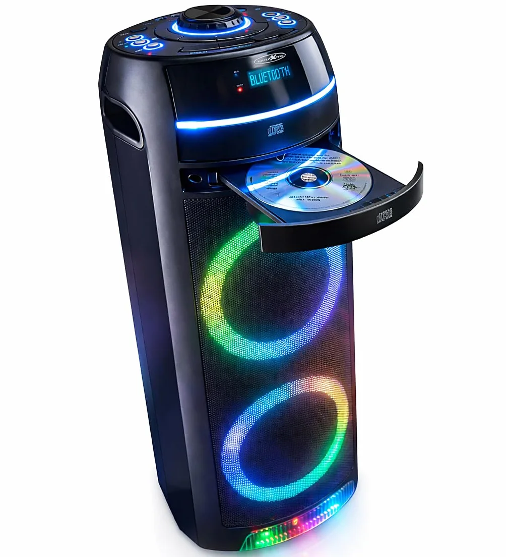 REFLEXION PS10BTCD przenośny głośnik Bluetooth, oświetlenie dyskotekowe LED, z wbudowanym odtwarzaczem CD, wszechstronne złącza, akumulator do 10 godzin muzyki, czarny