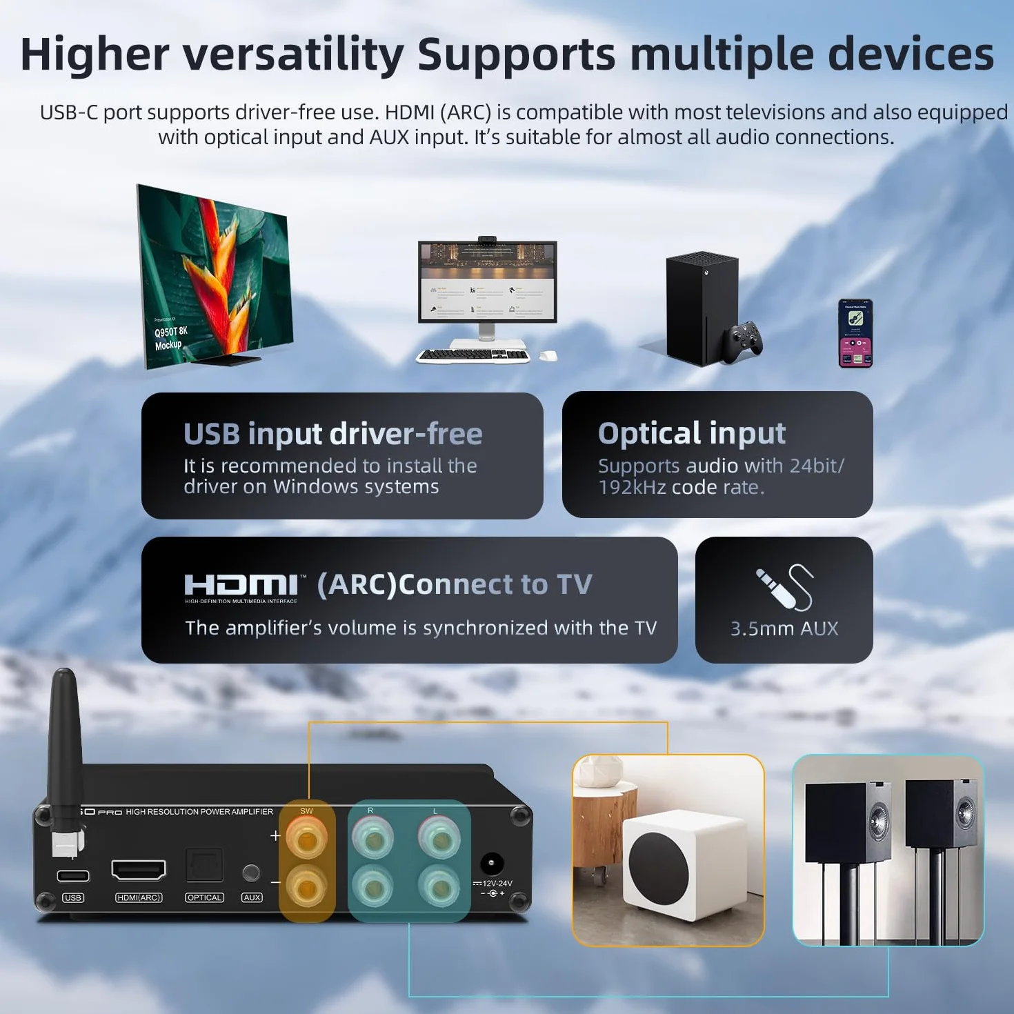 S.M.S.L A50PRO Wzmacniacz mocy HiFi, filtr górno-/dolnoprzepustowy 2.1-kanałowy, układ MA12070P Infineon, wejście Bluetooth 5.0/USB/HDMI/AUX, pasywny subwoofer z regulacją głośności (A50 PRO)