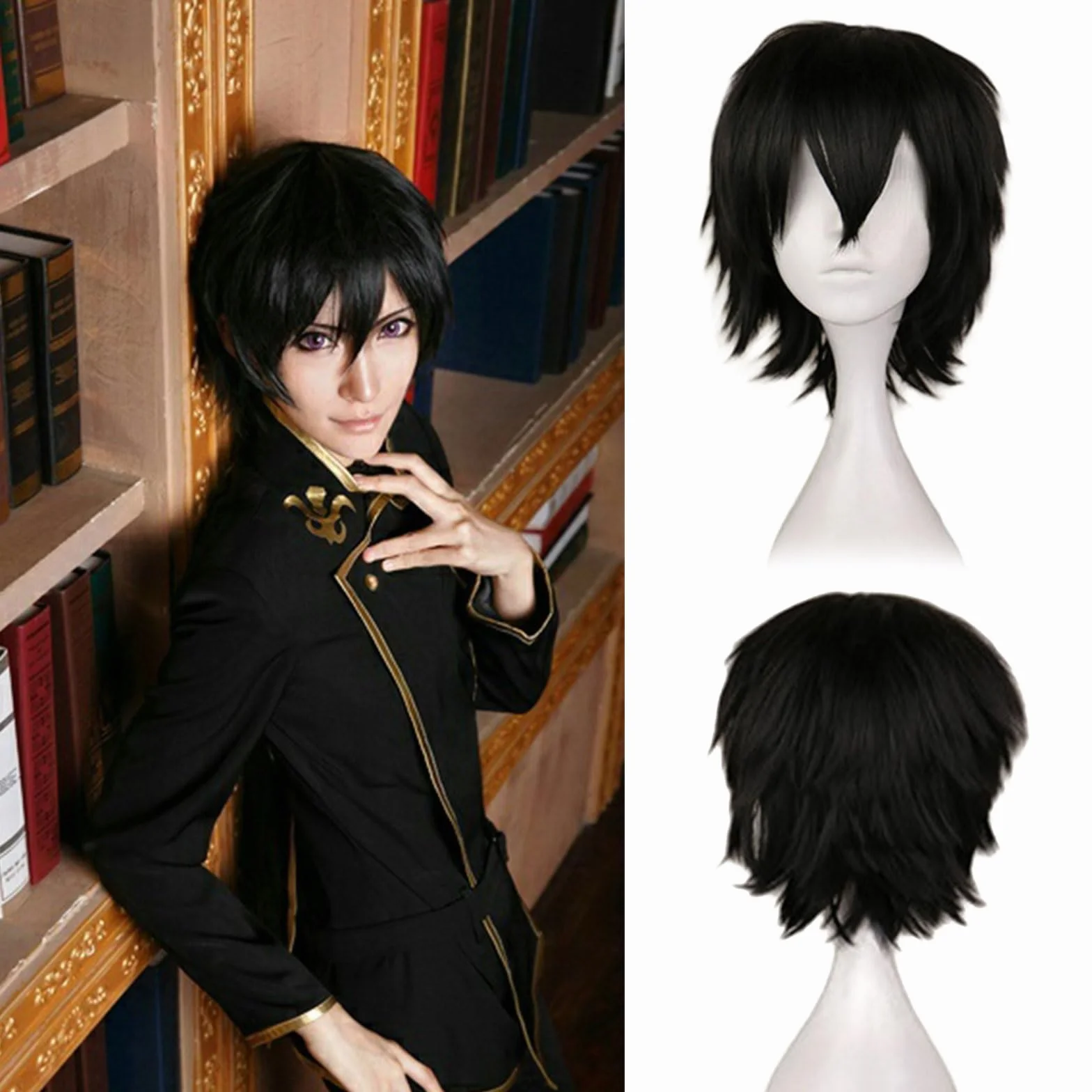SKHAOVS Czarna Peruka Syntetyczna, Unisex Krótka dla Kobiet i Mężczyzn - Proste Włosy do Anime i Cosplay