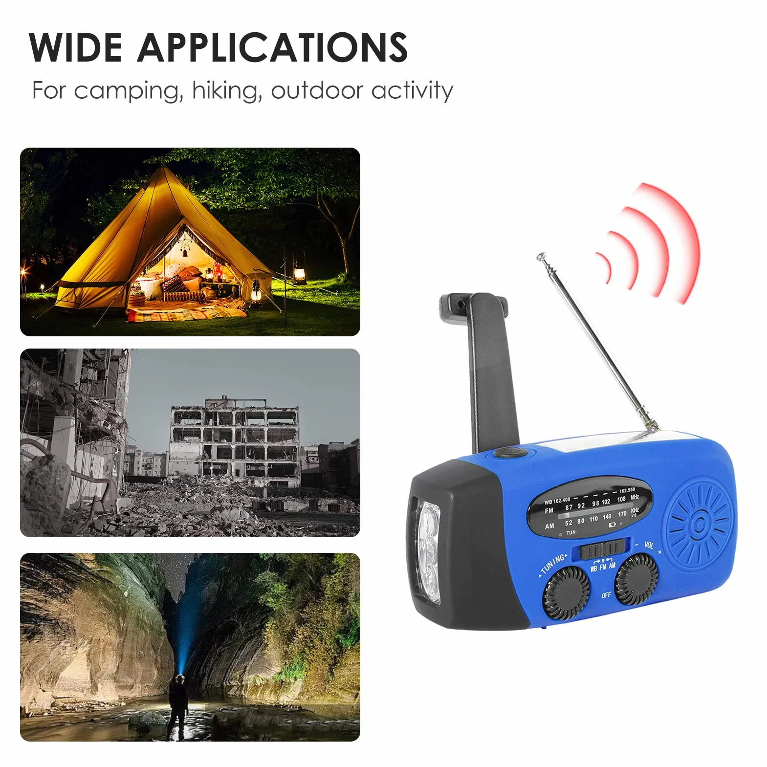 KOCAN radio awaryjne z korbą ręczną, radio solarne, radio pogodowe AM/FM/NOAA, radio awaryjne, ładowany powerbank z ładowaniem solarnym, korbą ręczną i zasilaniem bateryjnym, ładowarka do latarki LED, lampka do czytania