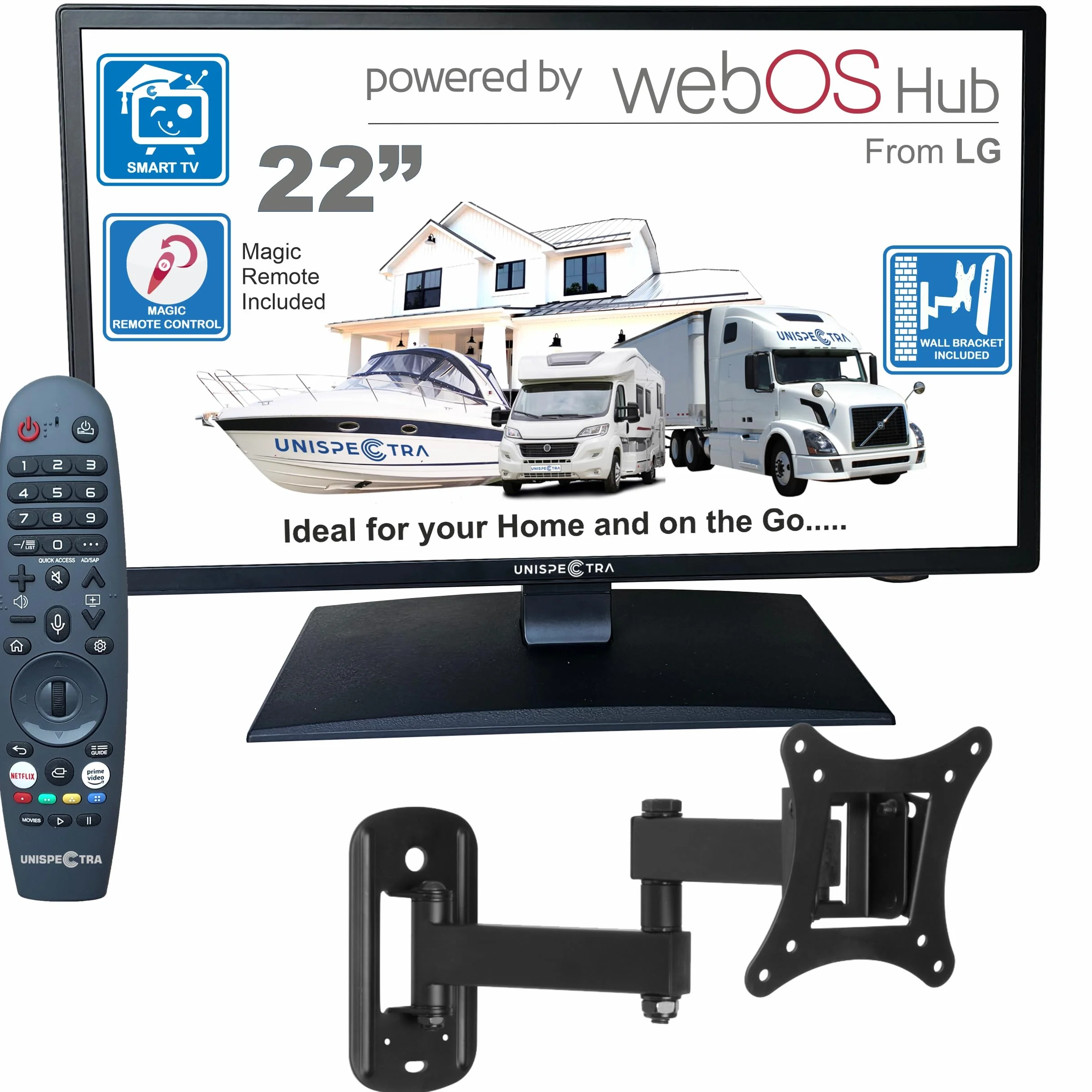 Unispectra ® 22” Smart TV (webOS) FHD 230V 12V 24V potrójny tuner, 3x HDMI, 2x USB, pilot Magic. Telewizor 12 V do samochodów I przyczep kempingowych, ciężarówek, łodzi