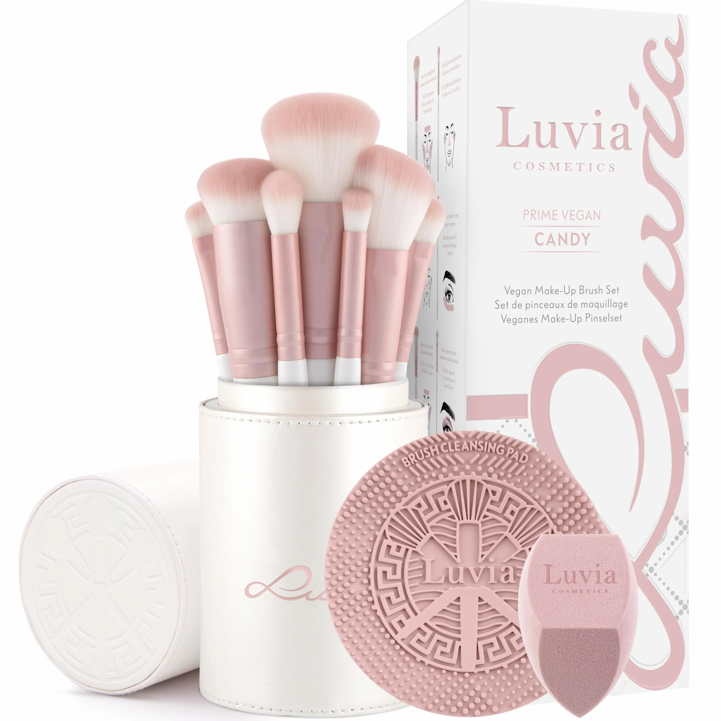 Zestaw pędzli do makijażu Luvia, Prime Vegan Pro - Candy, 7 pędzli do makijażu, w tym pojemnik na pędzle, gąbka do blendowania i mata do czyszczenia pędzli kosmetycznych, w kolorze perłowym i różowym
