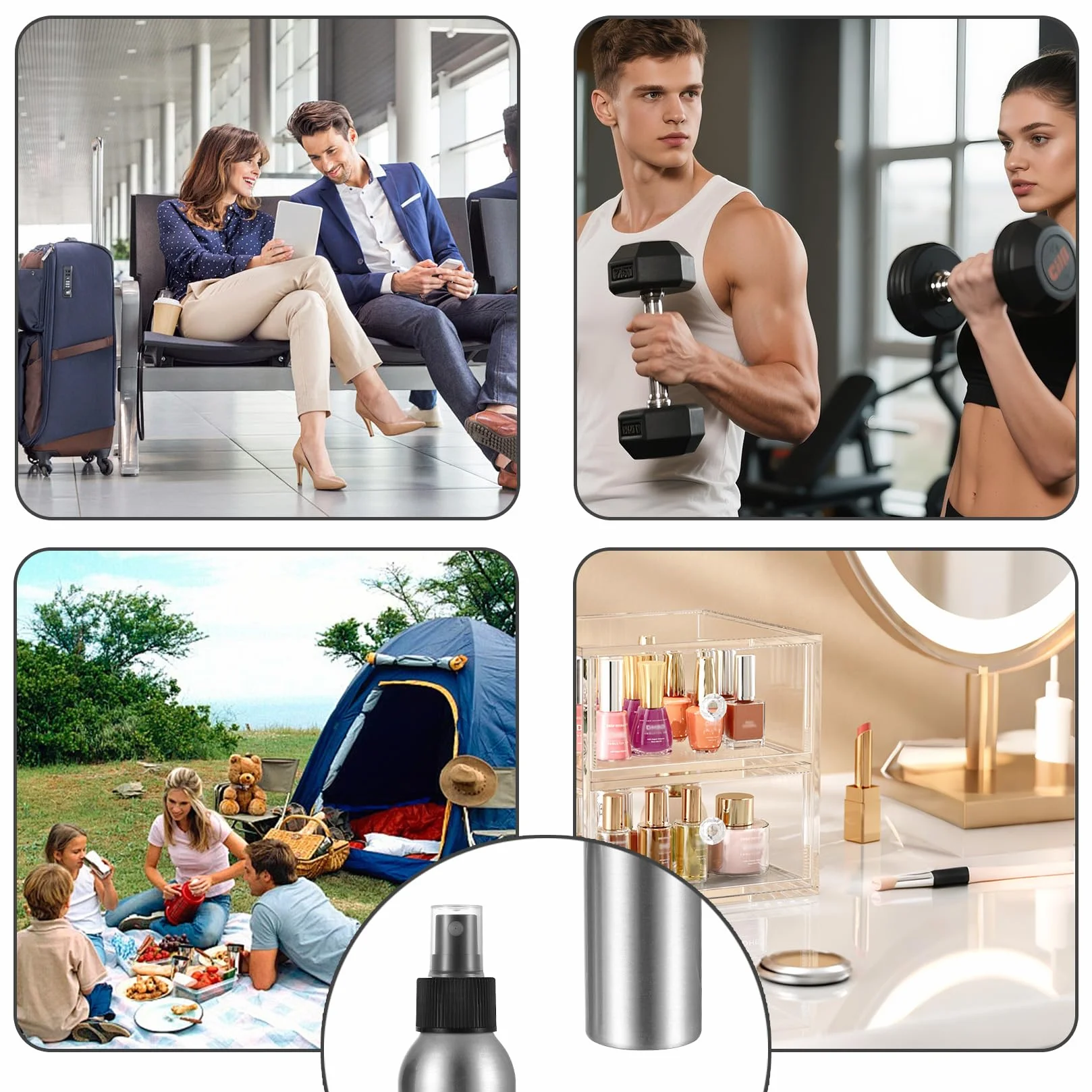 5 Sztuk Małych Butelek z Rozpylaczem 50ml, Aluminiowy Atomizer, Puste Butelki z Rozpylaczem do Napełniania, Butelka z Pompką do Kosmetyków Płynów Olejków Eterycznych, z 2 Lejkami, 1 Naklejką
