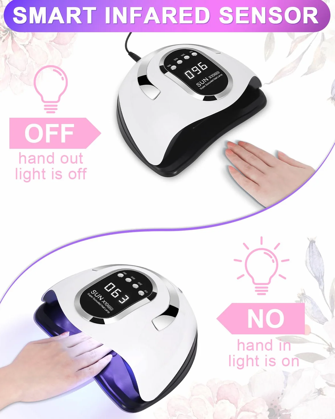 Suszarka do paznokci FAOKZE 220W, lampa UV do paznokci akrylowych, lampa 60 LED do paznokci, cyfrowy wyświetlacz z timerem 10/30/60/99s, odpowiednia do wszystkich żelowych lakierów do paznokci (White)