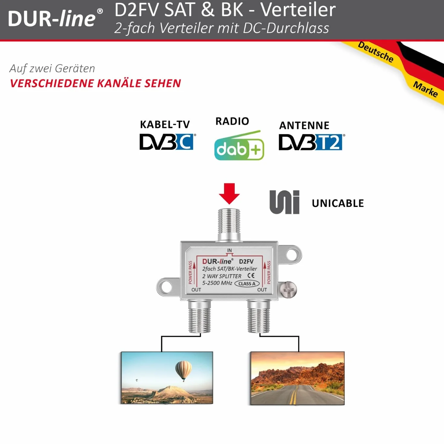 DUR-Line D2FV Rozdzielacz Sat/Bk 2-Drożny Splitter W Pełni Ekranowany Kompatybilny Z Unicable i HD Do Instalacji Satelitarnych Radio Telewizji