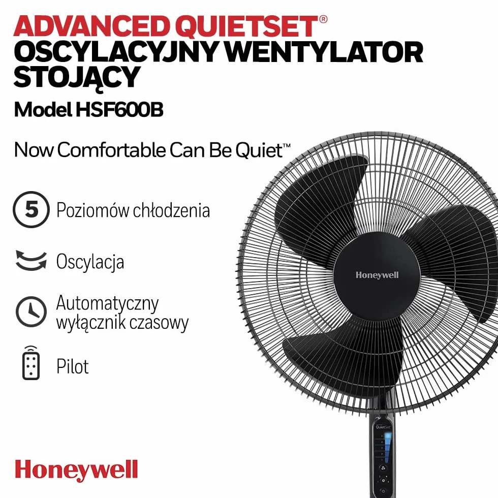 Wentylator stojący Honeywell Advanced QuietSet z funkcją oscylacji (5 poziomów prędkości, programator czasowy, oscylacja w zakresie 70°, regulacja wysokości, sterowanie pilotem, łatwość korzystania) HSF600B