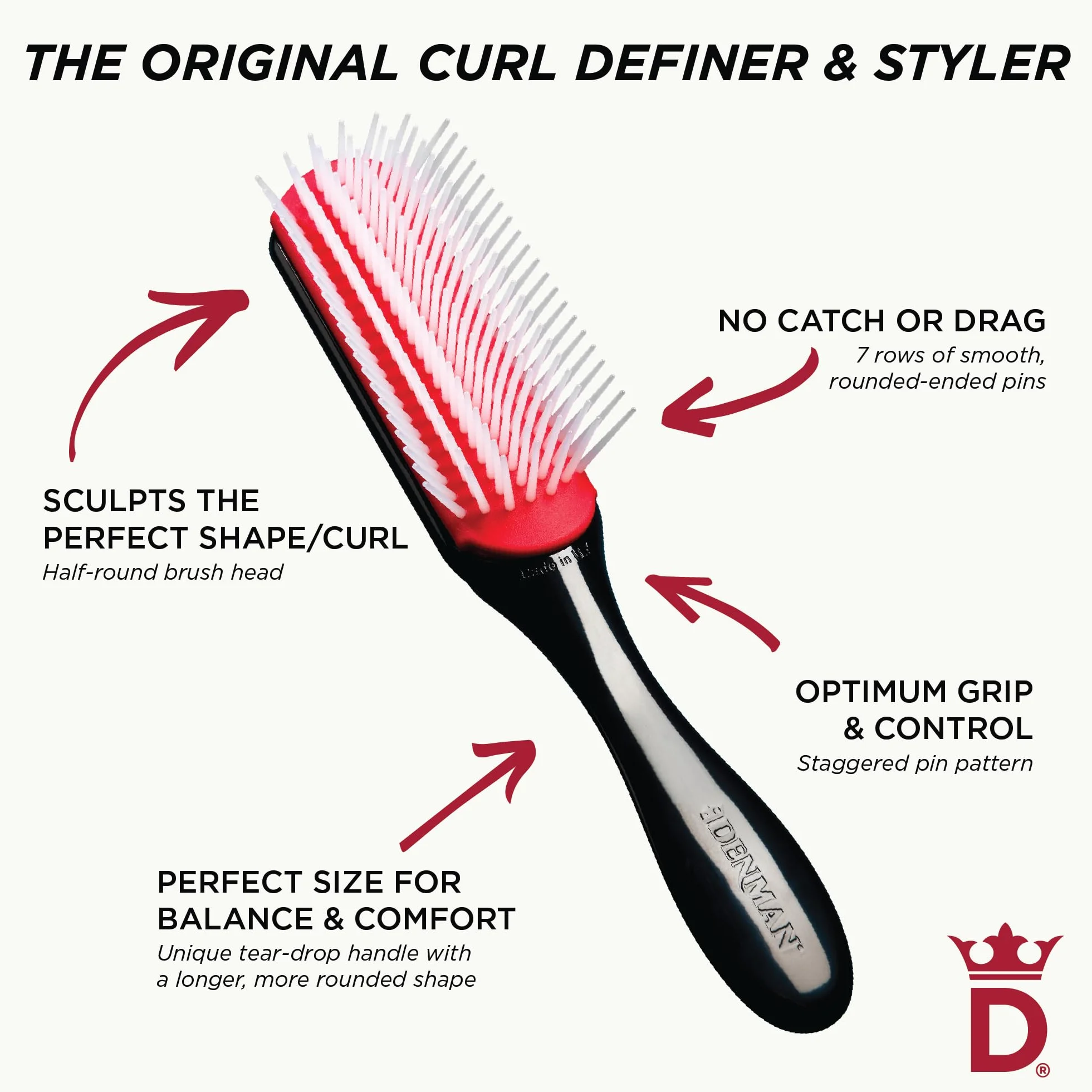 Denman Curly Hair Brush D3 (Black & Red) 7 Row Styling Brush for Detangling, Separating, Shaping and Defining Curls - For Women and Men