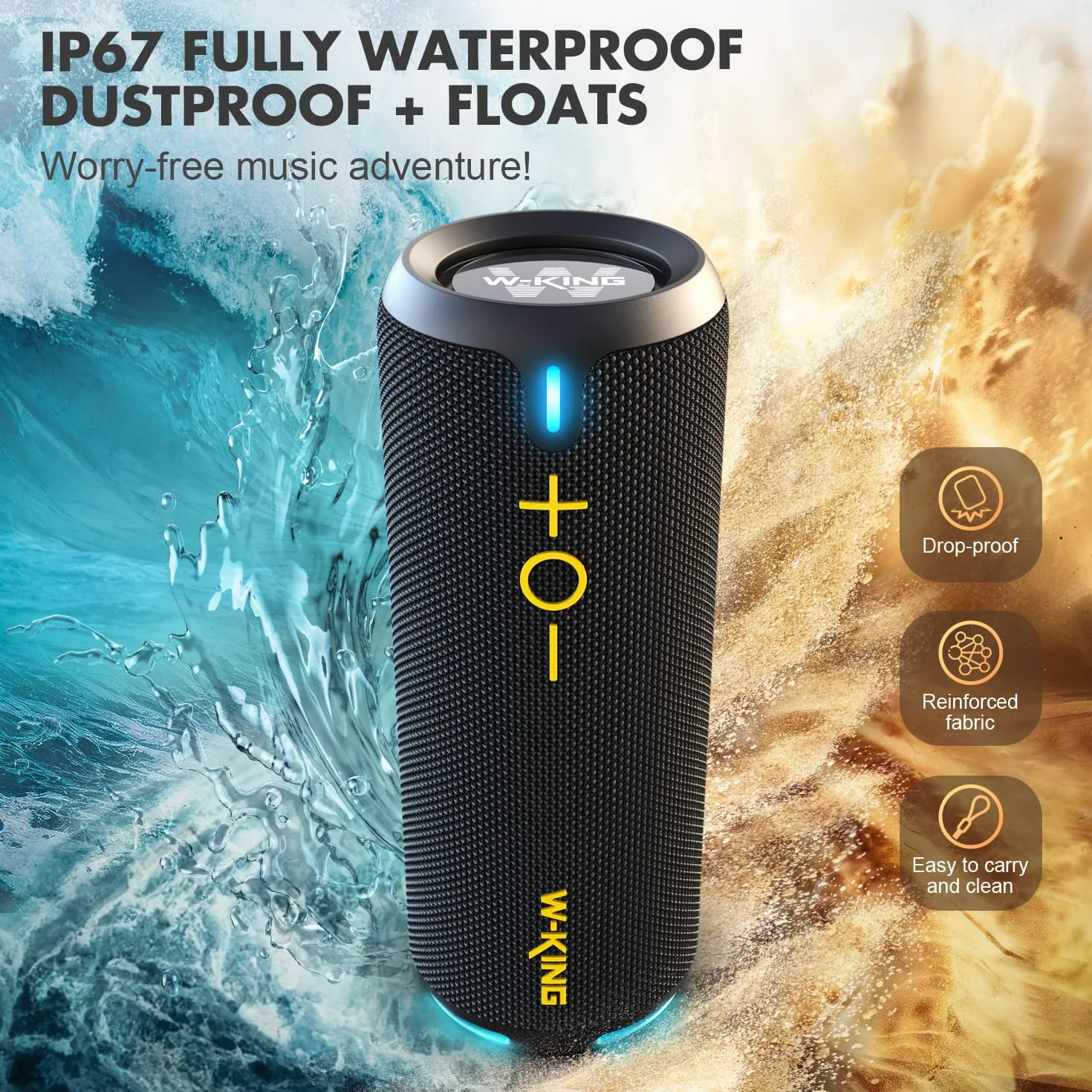 W-KING Głośnik Bluetooth, IP67, głośnik, Bluetooth, do użytku na zewnątrz, EQ-APP, 40 W HD 360° Surround Sound / Light/Deep Bass/V5.3/DSP/24H/TF/AUX, do prysznica, na kemping, D320, czarny