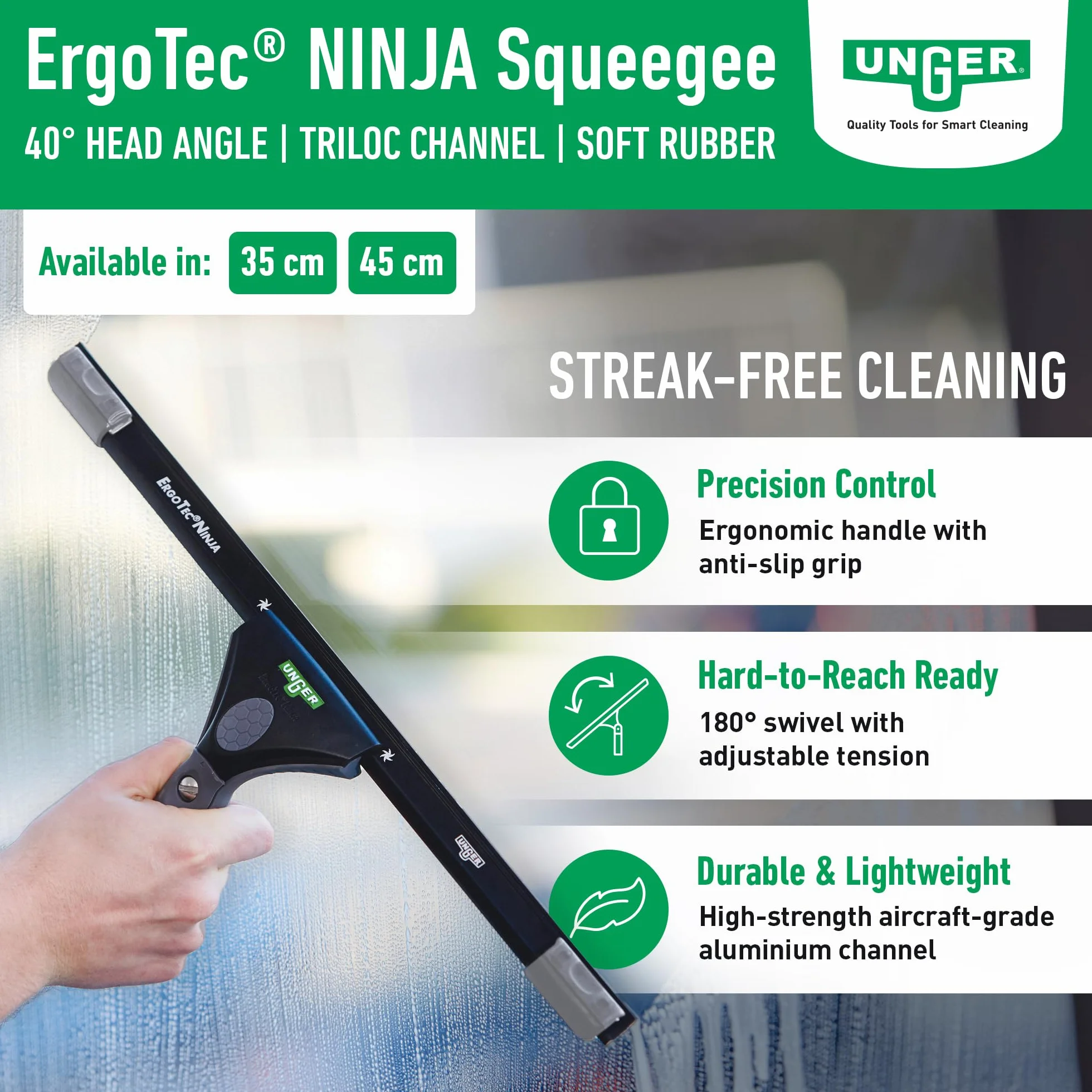 UNGER ErgoTec Ninja myjka do okien 40° (szerokość 45 cm, ergonomiczny uchwyt, z miękką gumą, dwie gumowe pozycje, ściągaczka do okien z funkcją wychylenia) EN450