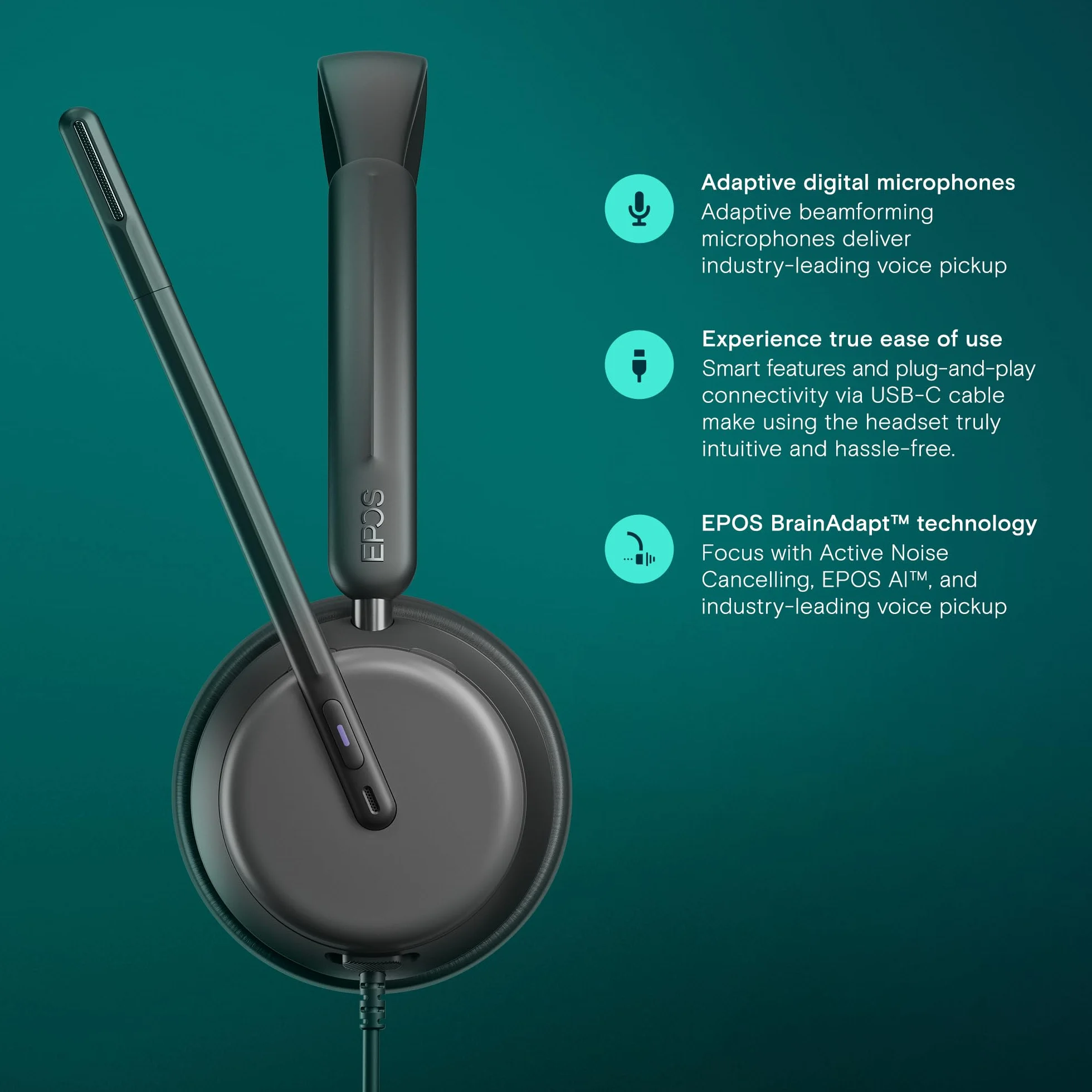 EPOS IMPACT 860T ANC Dwustronny przewodowy zestaw słuchawkowy z aktywną redukcją szumów, certyfikat Microsoft Teams, USB C i USB A, super szerokopasmowy dźwięk, idealny do połączeń biurowych