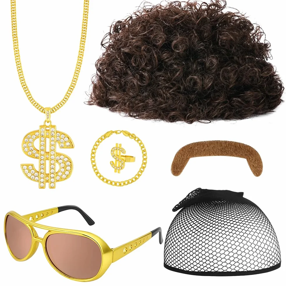 AUYAO Kostium hipisowski w stylu lat 60. i 70. XX wieku, fantazyjny kostium, akcesoria męskie, Funky Afro, peruka hipisowska, lata 80., dyskoteka, gorączka, hipisowska peruka, zestaw włosów z czarną