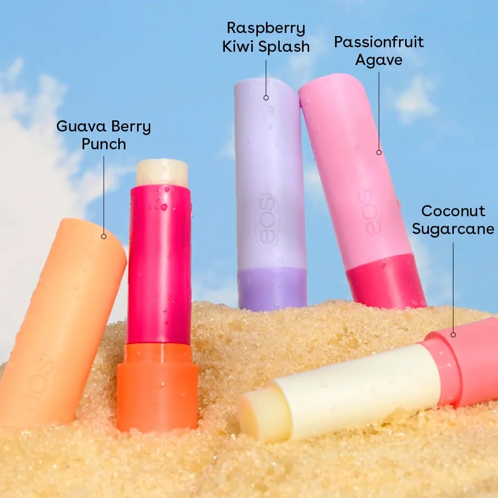 eos FlavorLab Super Soft Shea balsam do ust w patyczkach - Totally Tropical zestaw różnych smaków | Nawilżający balsam do ust | 24-godzinna nawilżająca opieka | Bez glutenu | 4 sztuki, smokowiec