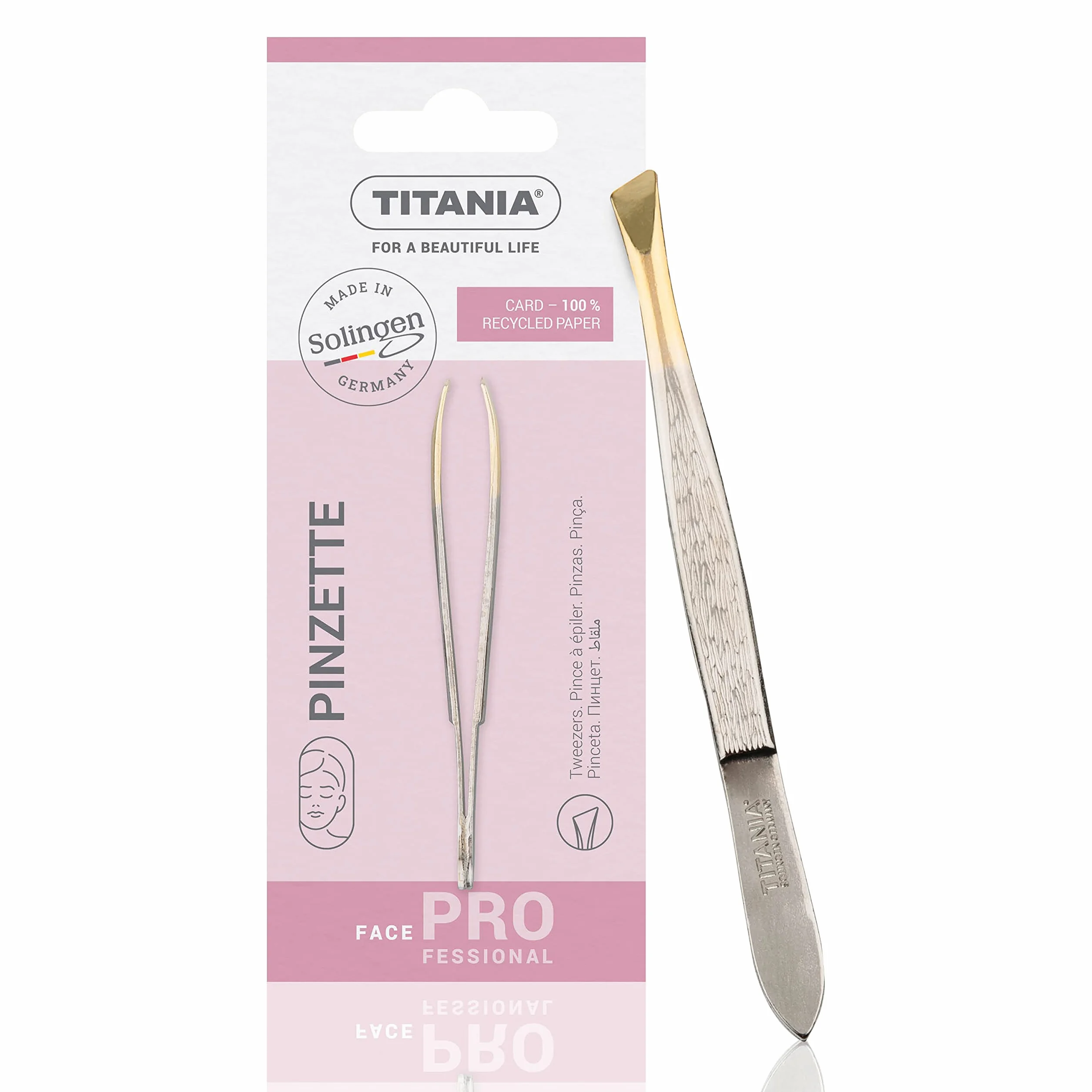 TITANIA Pęseta z Solingen (8 cm) • Made in Germany • Pęseta do brwi do wyrywania • Ścięta końcówka do precyzyjnego chwytania • pozłacana końcówka