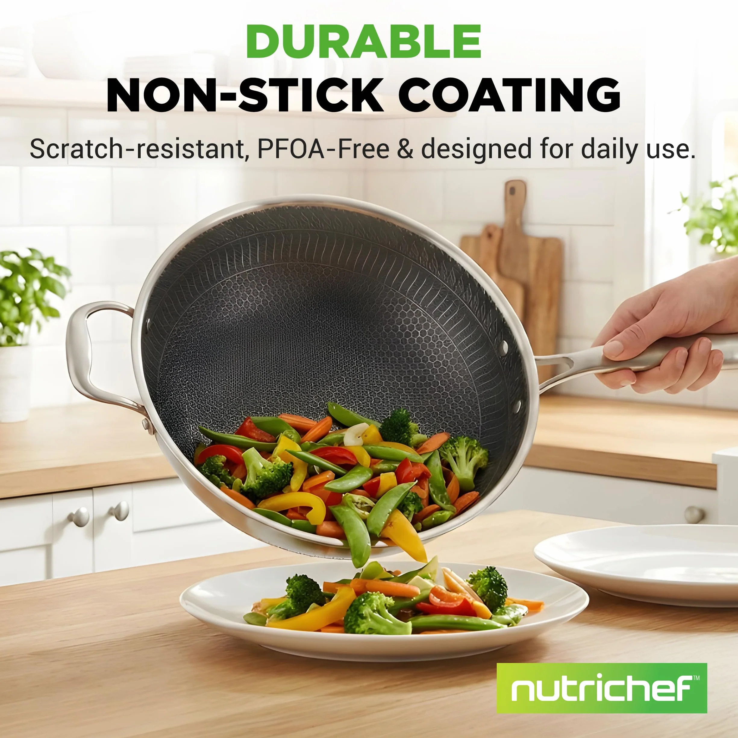 Nutrichef Wok nieprzywierający ze stali nierdzewnej 30 cm, szklana pokrywka, kompatybilny indukcyjnie