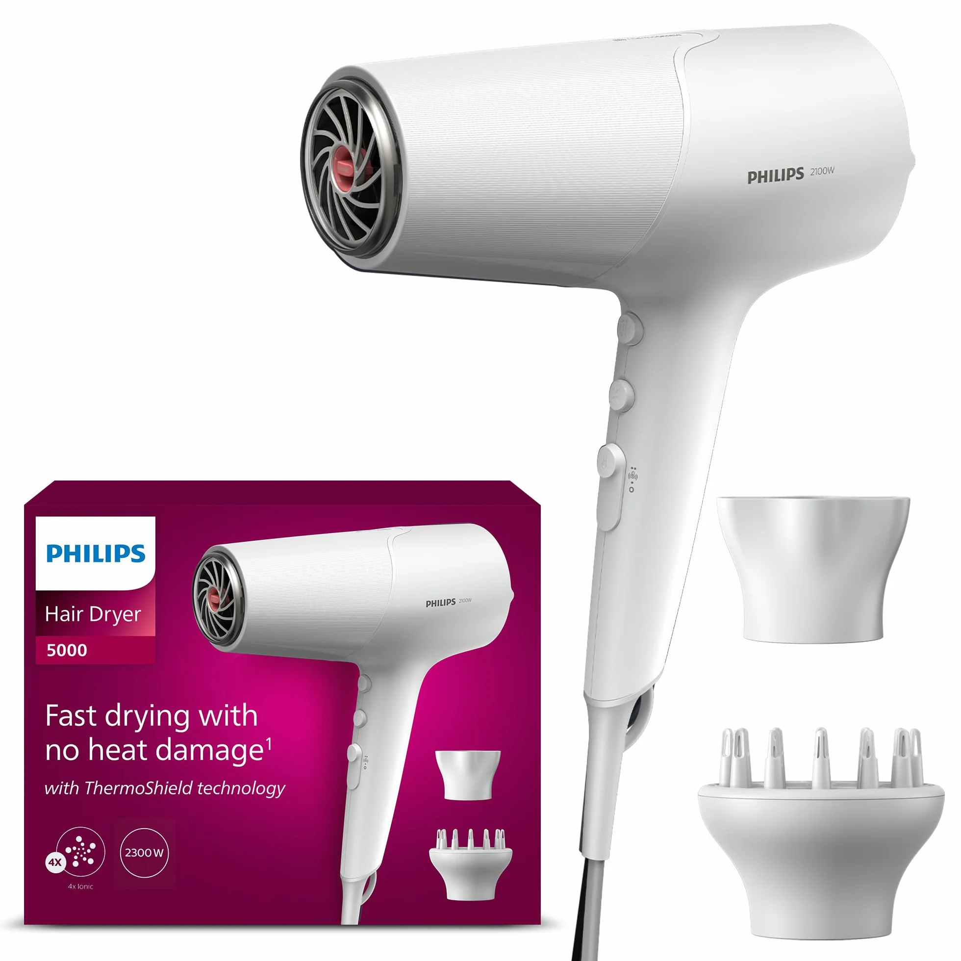 Philips Suszarka do włosów z serii 5000, technologia ThermoShield, jonizacja, 2100 W, biała, z nakładką do stylizacji i dyfuzorem zwiększającym objętość, model BHD500/20