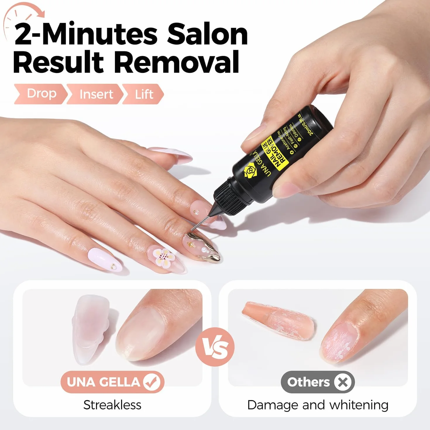 UNA GELLA Środek do usuwania kleju do paznokci Press-on, 20 ml, precyzyjny, bez acetonu, do usuwania końcówek paznokci, delikatny zmywacz kleju do łatwego usuwania, akcesoria do manicure DIY