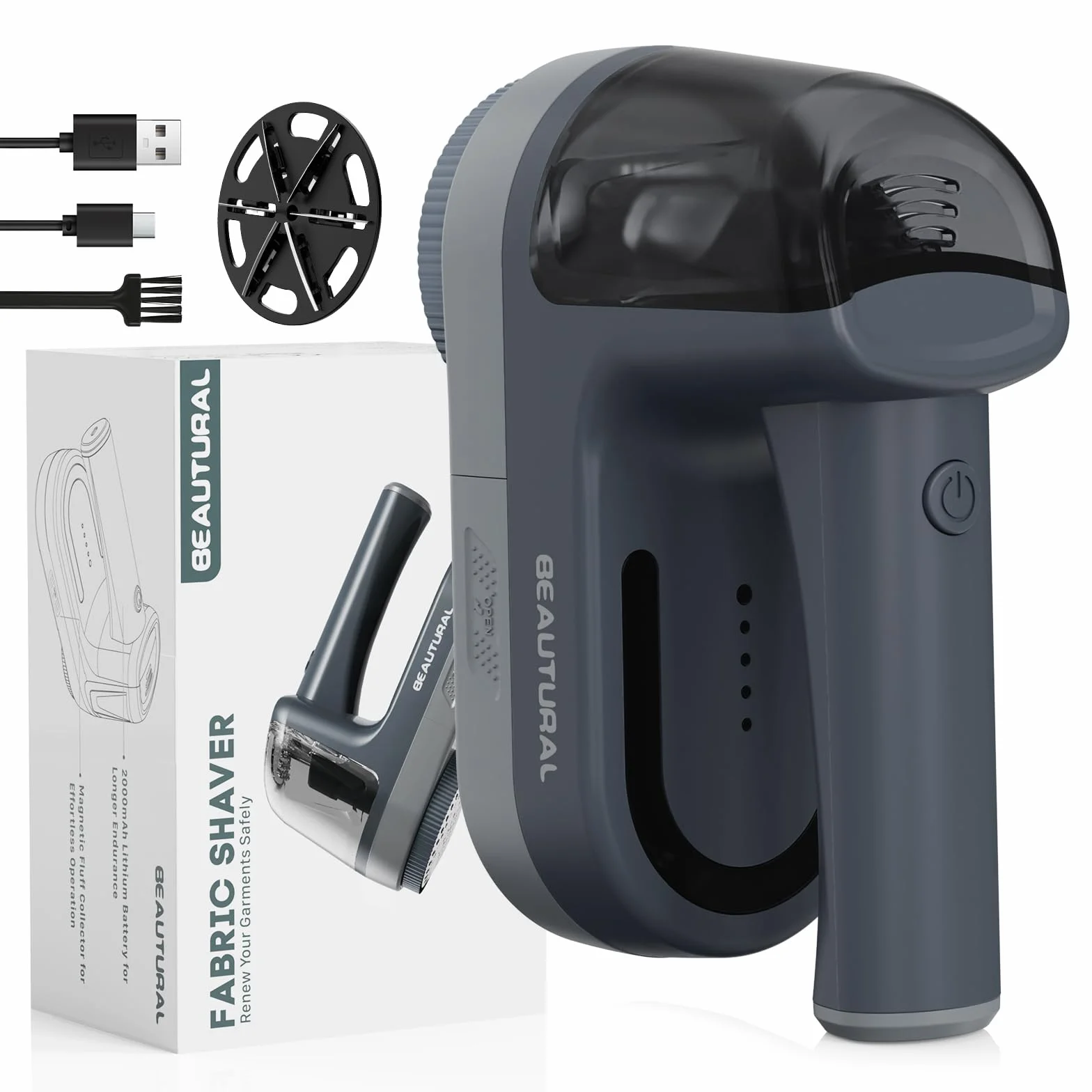 BEAUTURAL Elektryczna golarka do kłaczków, ładowana przez USB-C, 2 prędkości, 2000 mAh, akumulator do ubrań i różnych materiałów