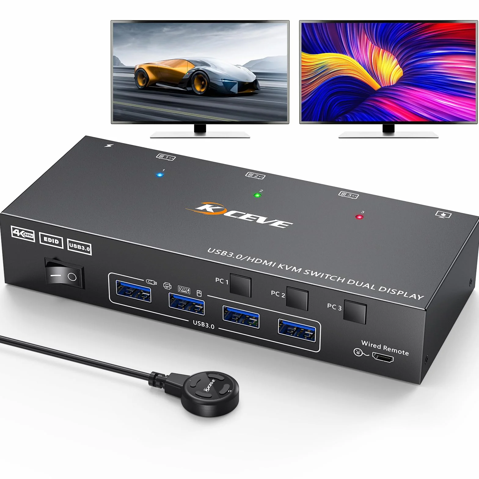 Przełącznik KVM HDMI 2 monitory 3 komputery 4K przy 60 Hz, symulacja EDID, podwójny monitor Przełącznik KVM dla 3 komputerów Udostępnij 2 wyświetlacze i 4 porty USB 3.0, przewodowy pilot i kable