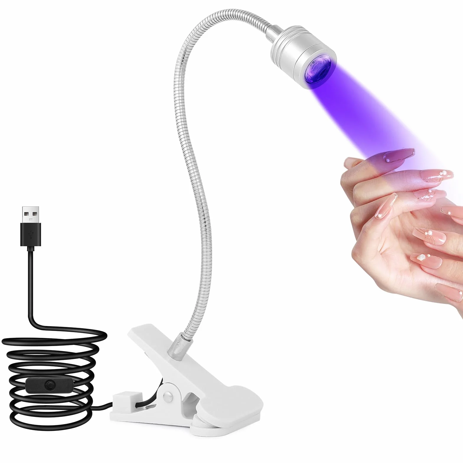 AiQInu Lampa UV Żelowych, Lampa LED 3 W Obrotowa z USB i Klipsem, Do Żelowego Lakieru do Paznokci, Salonu, Srebrna