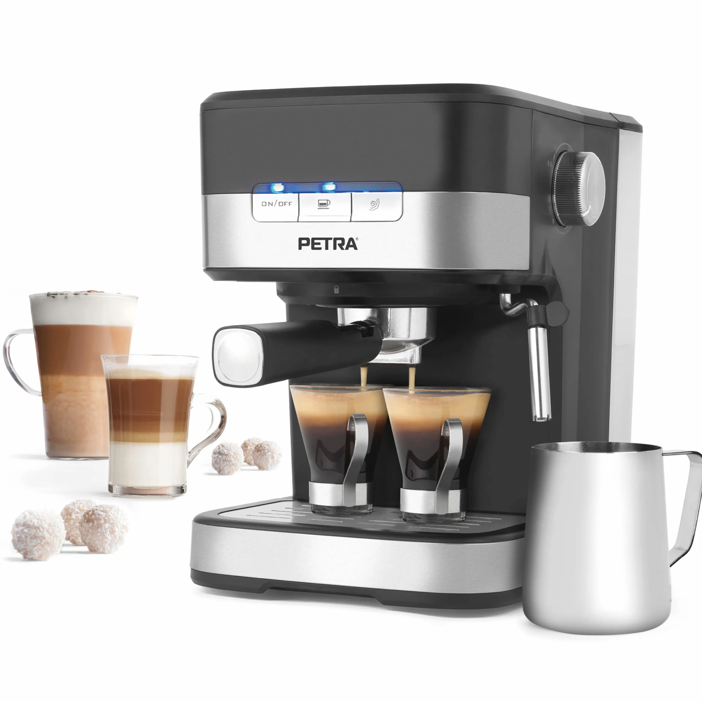 Petra PT4623VDEEU7 Ekspres do kawy Espresso Pro, pojedyncze i podwójne espresso, cappuccino i latte, wloska pompa cisnieniowe 15 bar ze spieniaczem do mleka, kawa mielona, zbiornik wody 1,5 l, 850 W